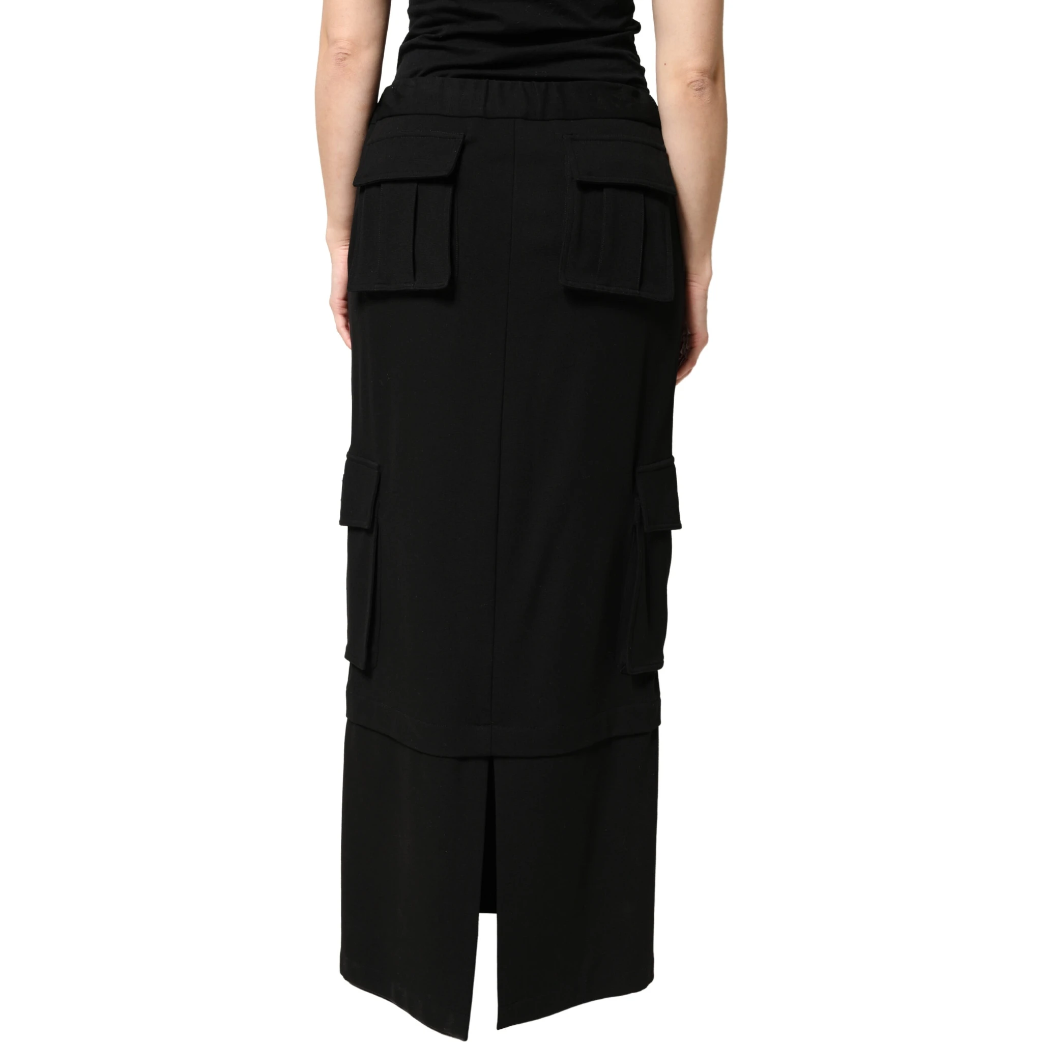 Black Cotton Drawstring Long Maxi Cargo Skirt