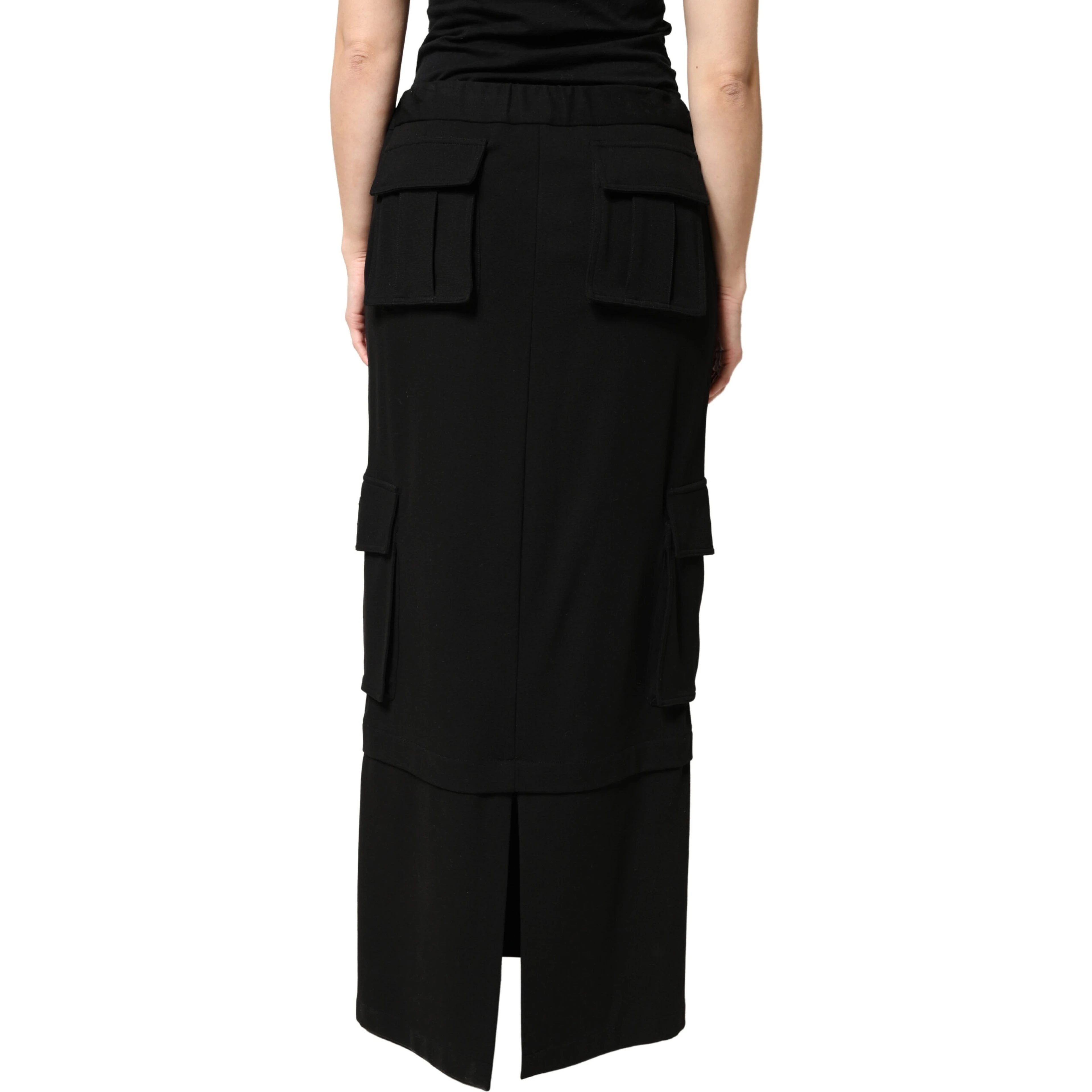 Black Cotton Drawstring Long Maxi Cargo Skirt