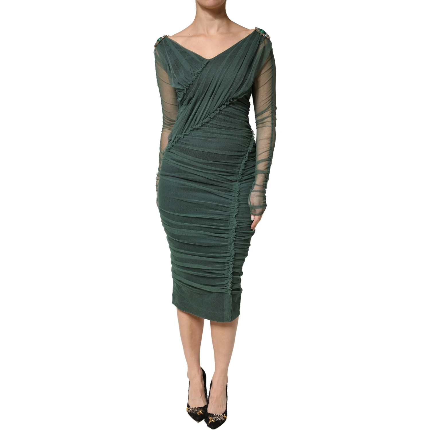Green Ruched Mesh Sheer Sleeves Midi Dress