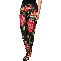 Black Floral Silk Mid Waist Tailored Trousers Pants