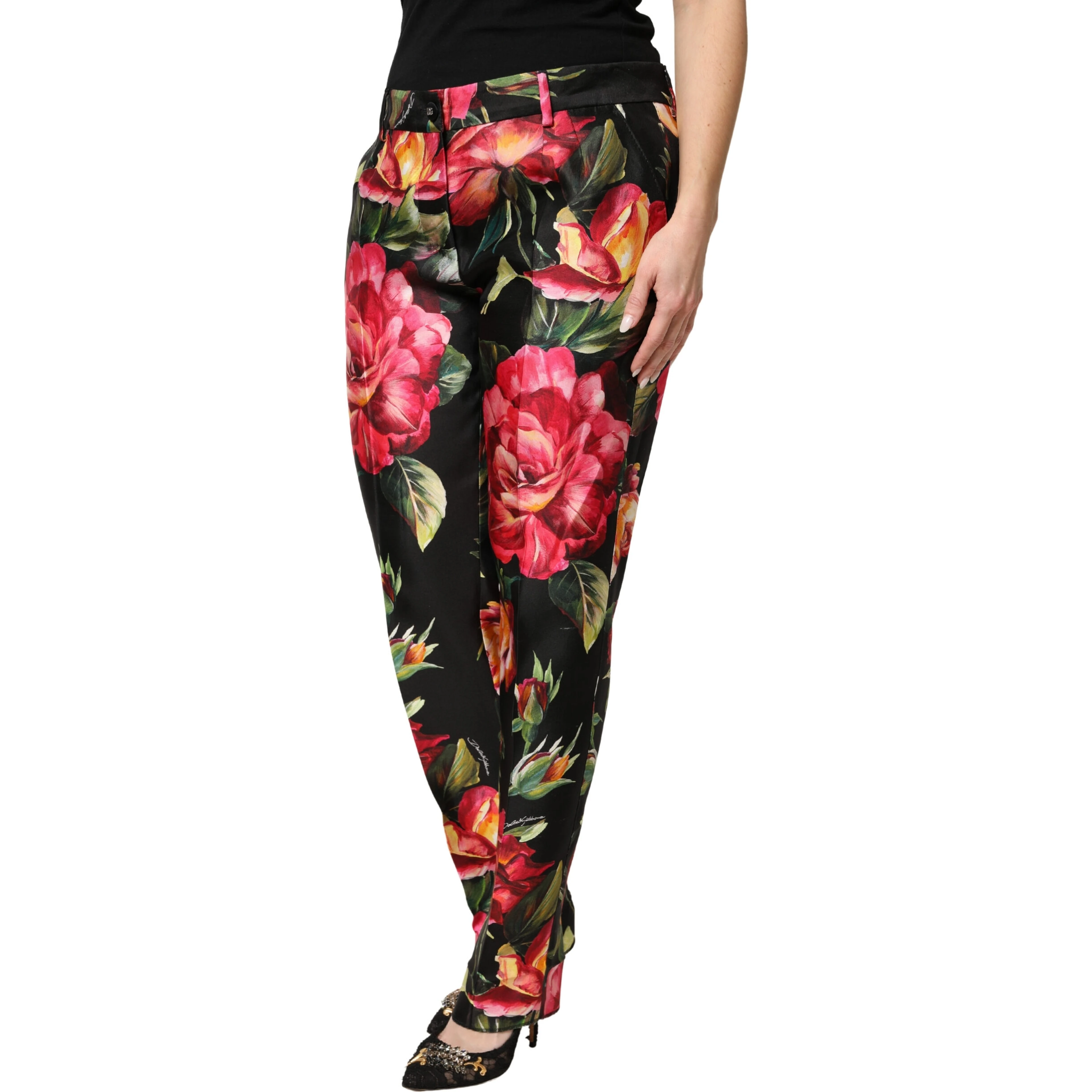Black Floral Silk Mid Waist Tailored Trousers Pants