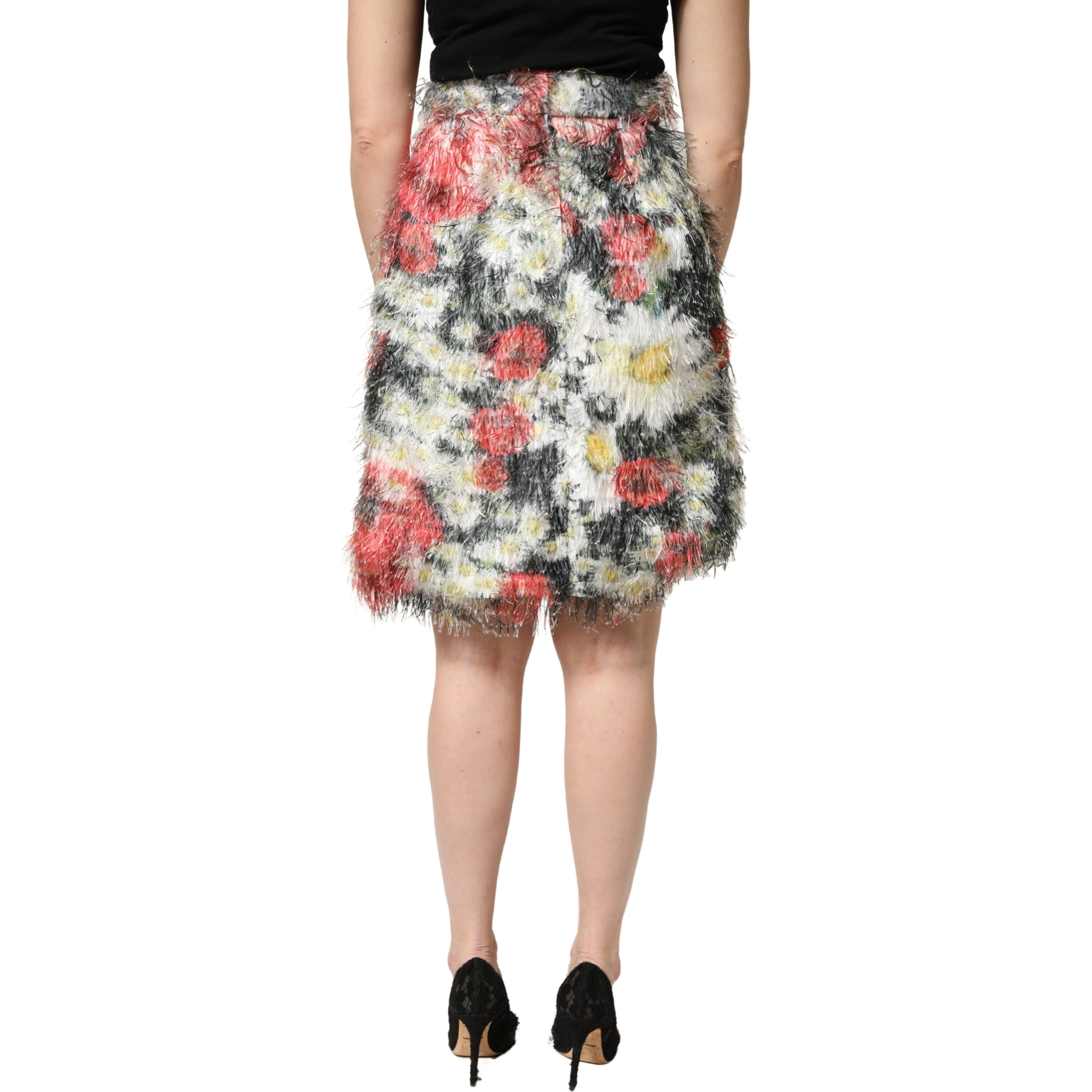 Multicolor Floral Textured Faux Fur Pencil Skirt