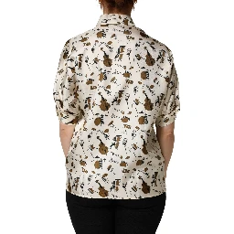 Beige Musical Instrument Print Short Sleeve Top