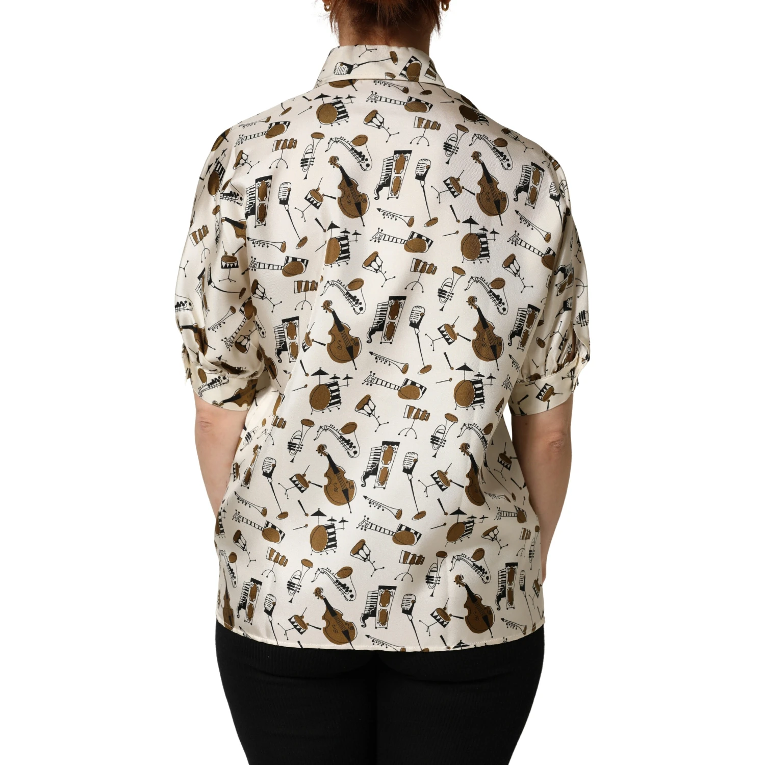 Beige Musical Instrument Print Short Sleeve Top