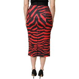 Red Black Zebra Print Polyester Pencil Midi Skirt