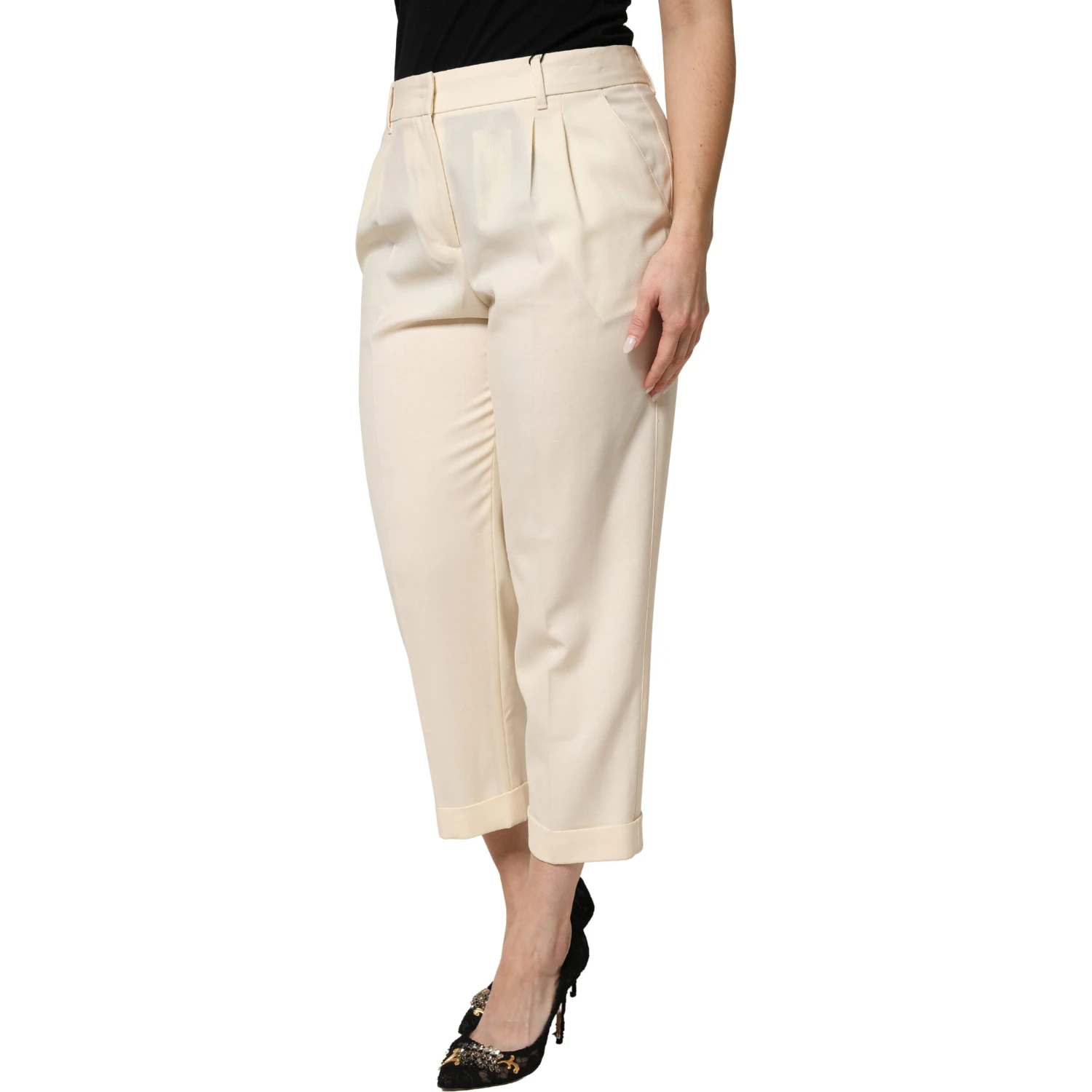 Ivory Wool Mid Waist Cropped Trouser Pants