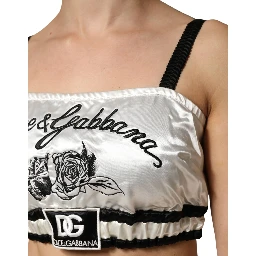 White Silk Satin Crop Black Logo Bralette Top