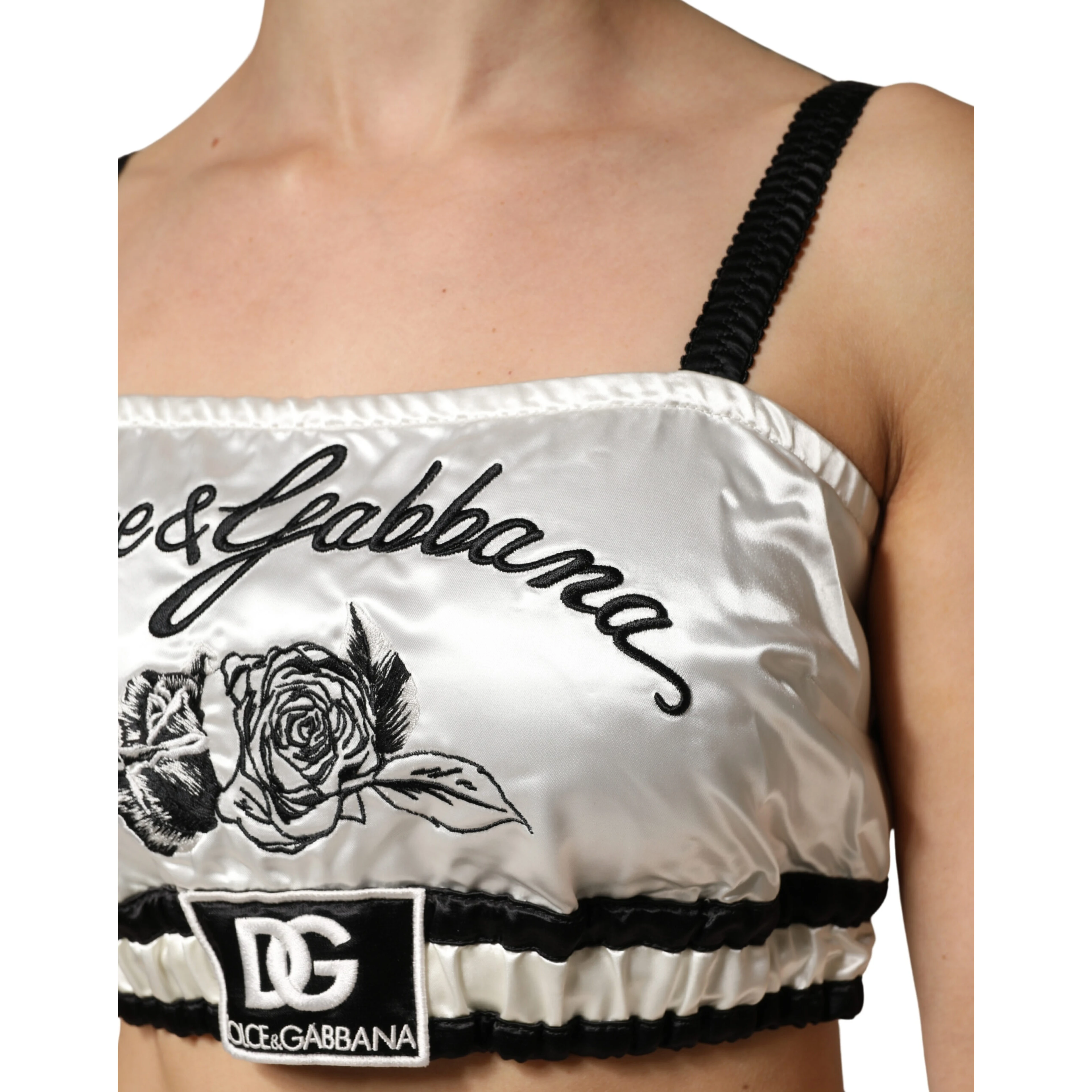 White Silk Satin Crop Black Logo Bralette Top