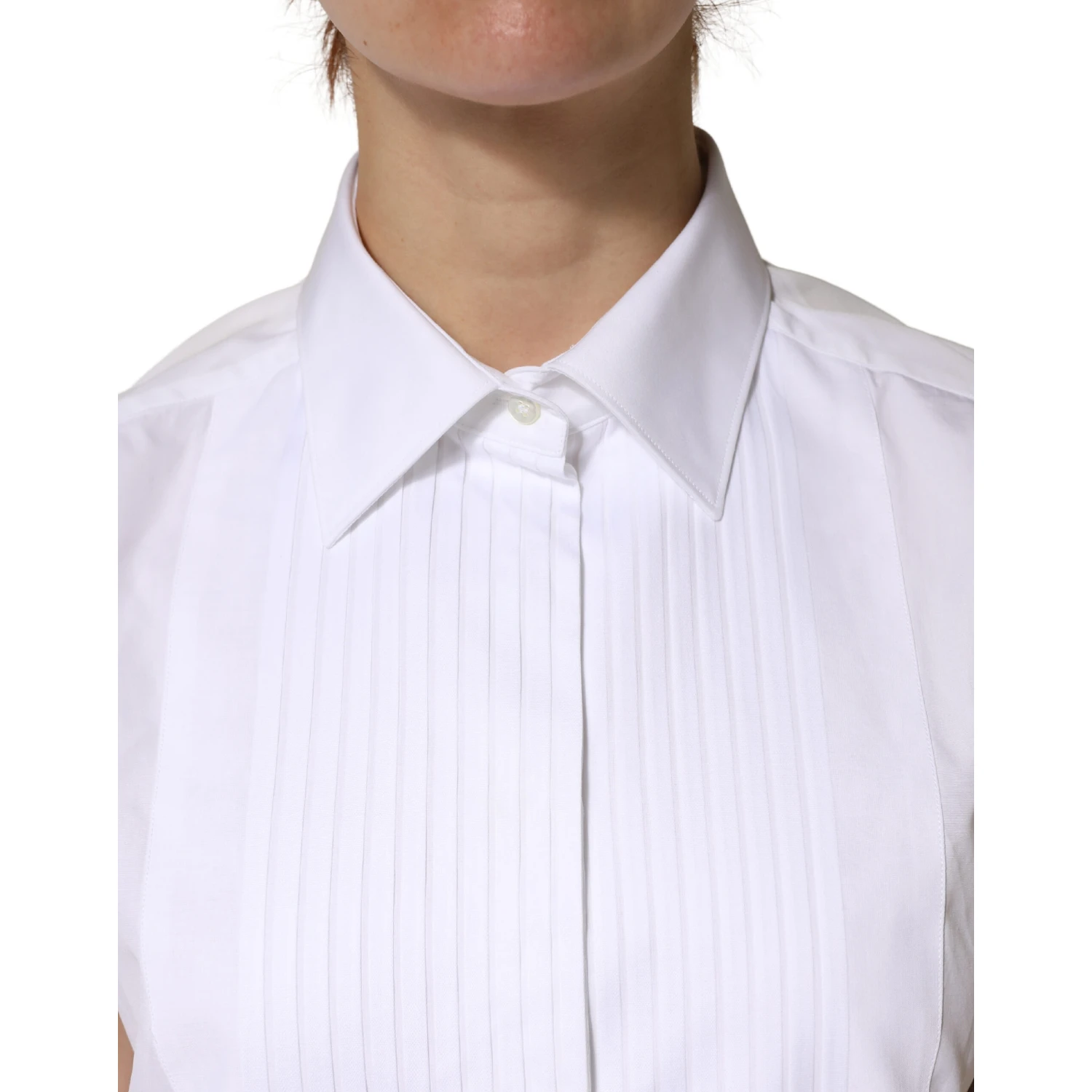 White Cotton Pleated Sleeveless Button Down Top