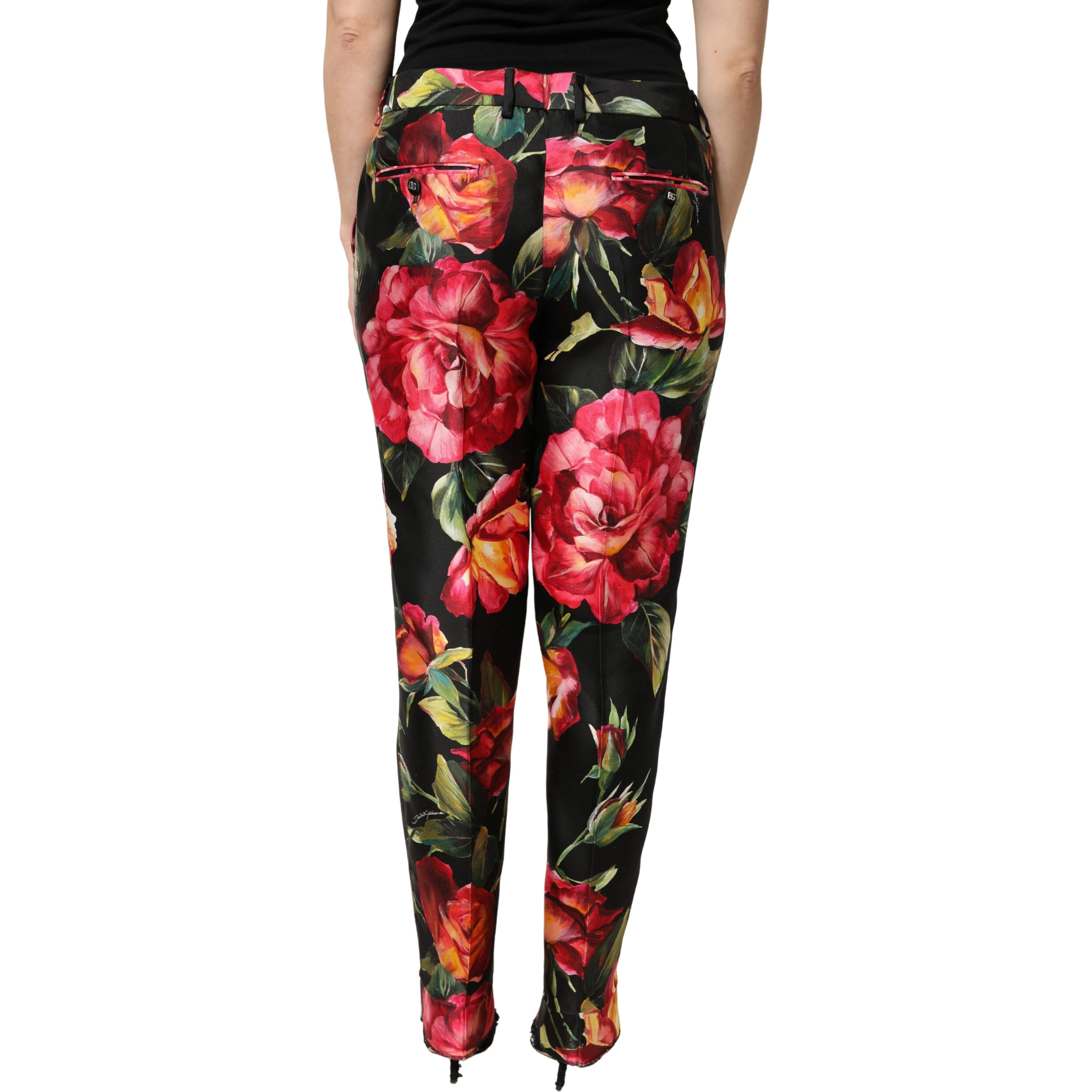 Black Floral Silk Mid Waist Tailored Trousers Pants