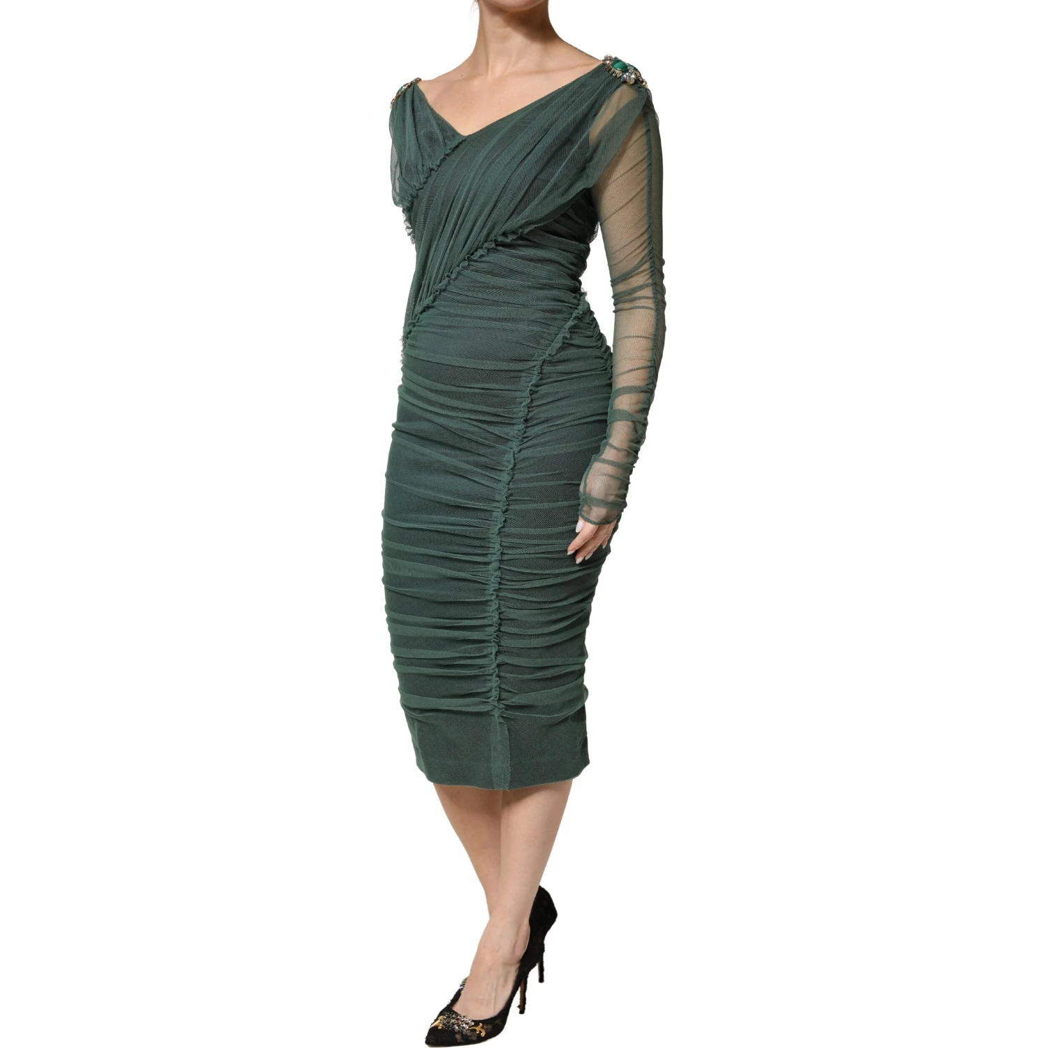 Green Ruched Mesh Sheer Sleeves Midi Dress