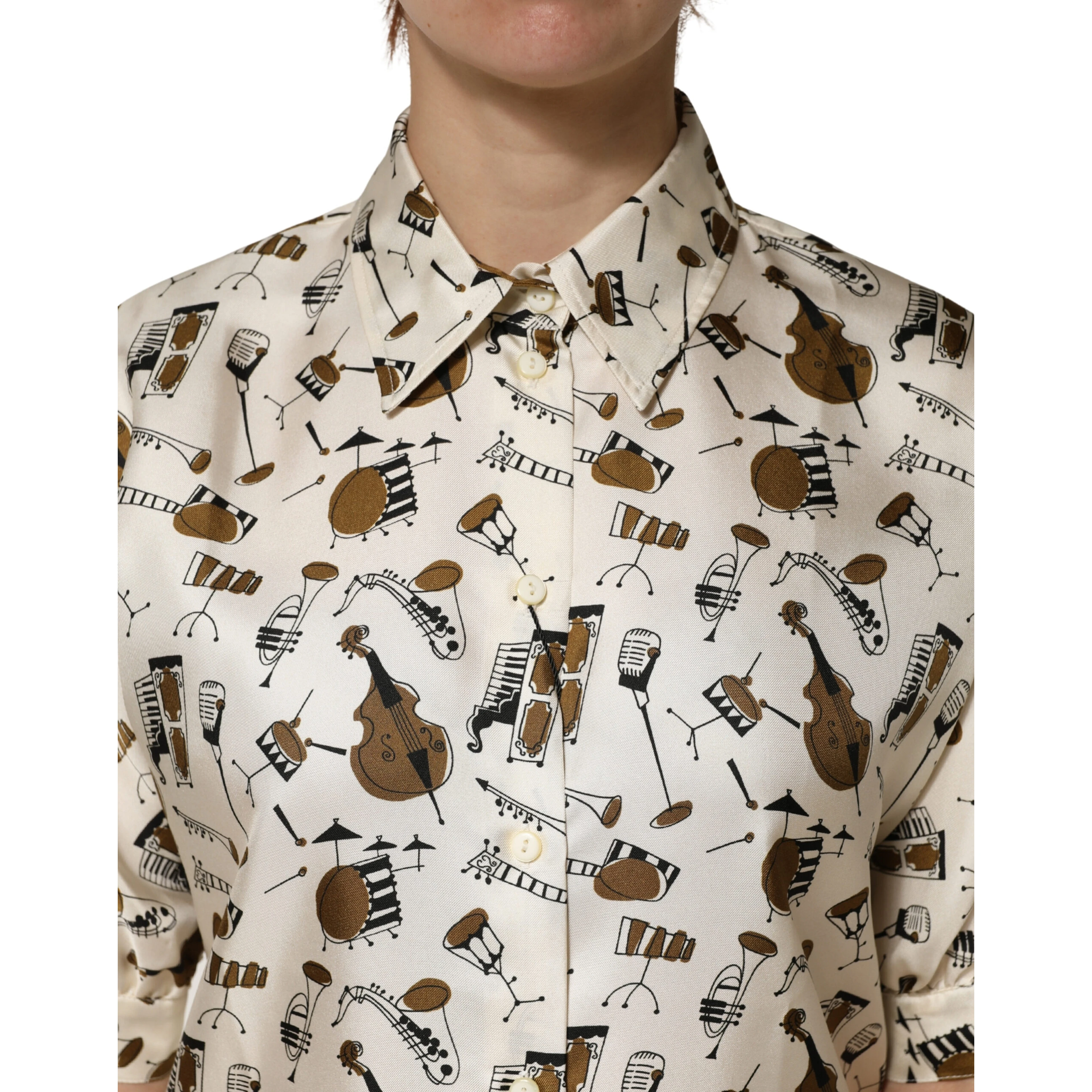 Beige Musical Instrument Print Short Sleeve Top