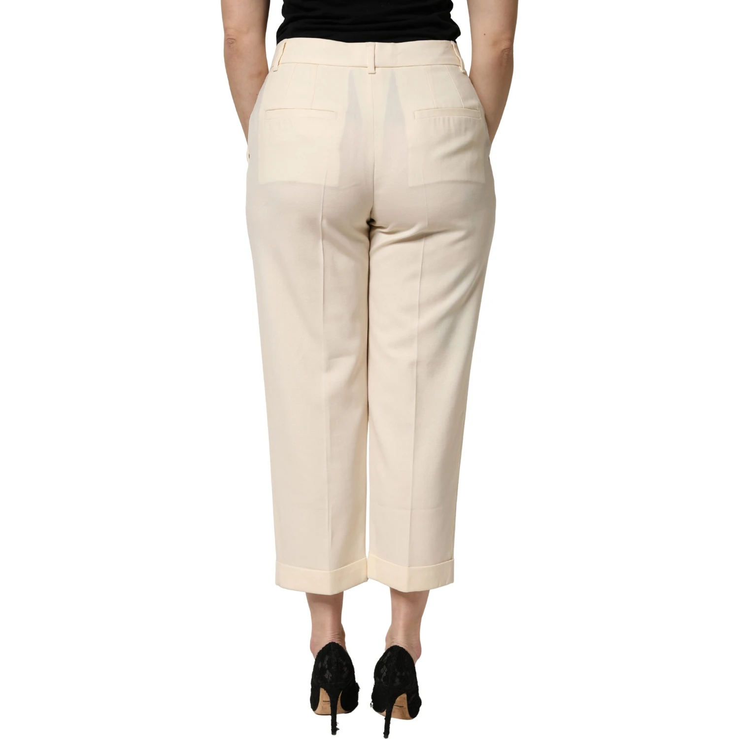Ivory Wool Mid Waist Cropped Trouser Pants