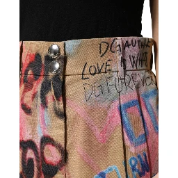 Beige Graffiti Print Cotton Blend Mini Skirt