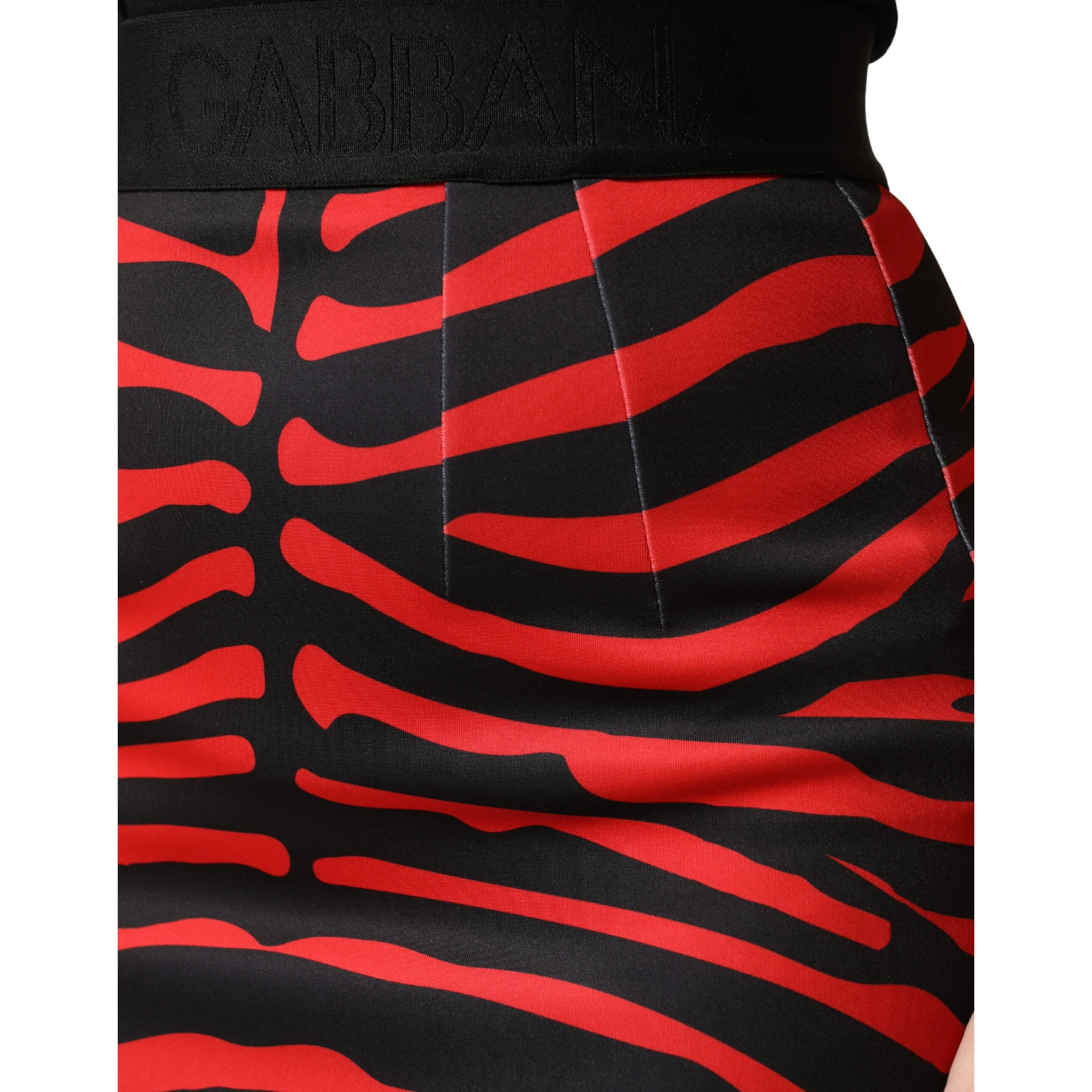 Red Black Zebra Print Polyester Pencil Midi Skirt