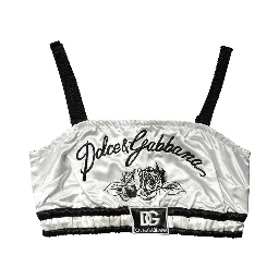 White Silk Satin Crop Black Logo Bralette Top