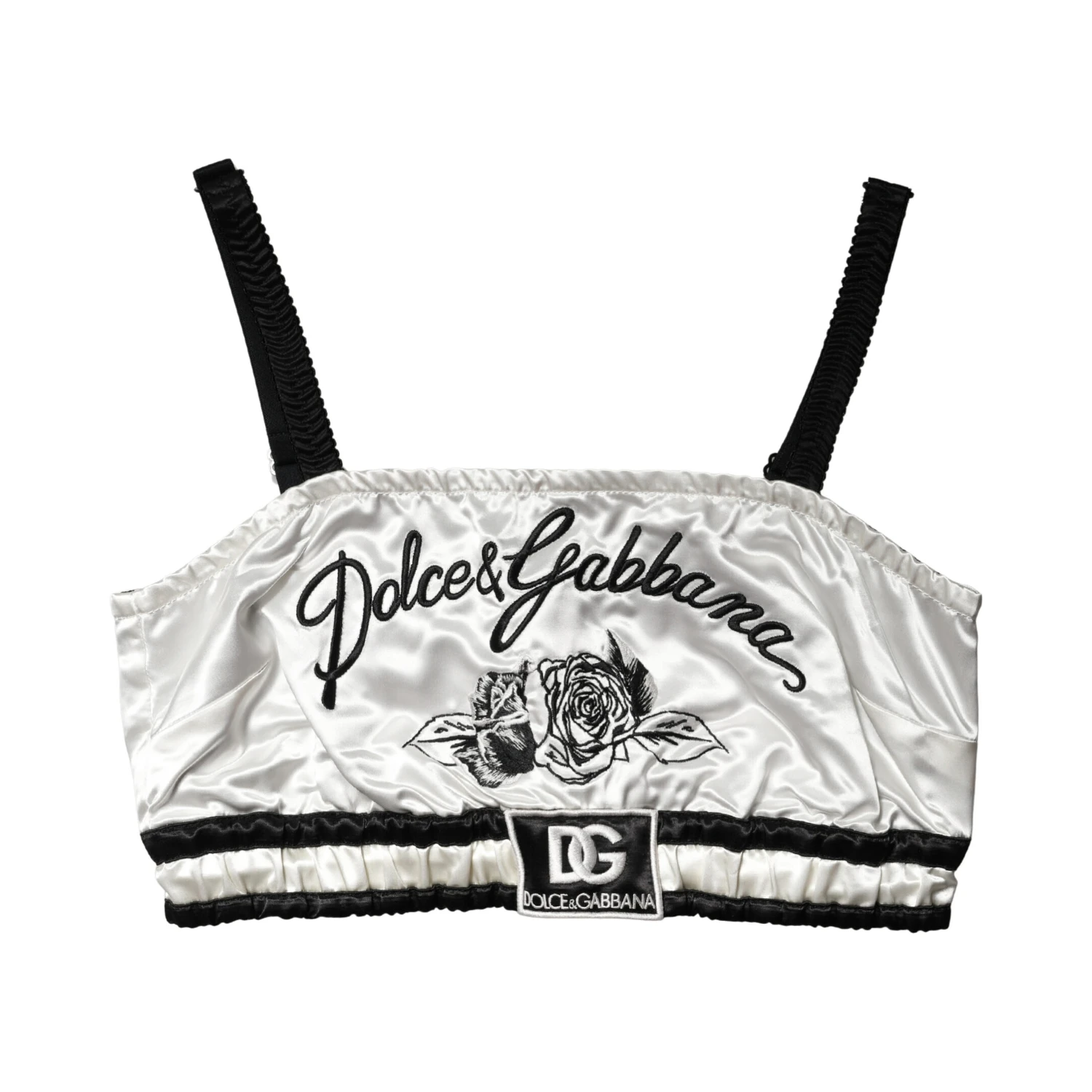 White Silk Satin Crop Black Logo Bralette Top