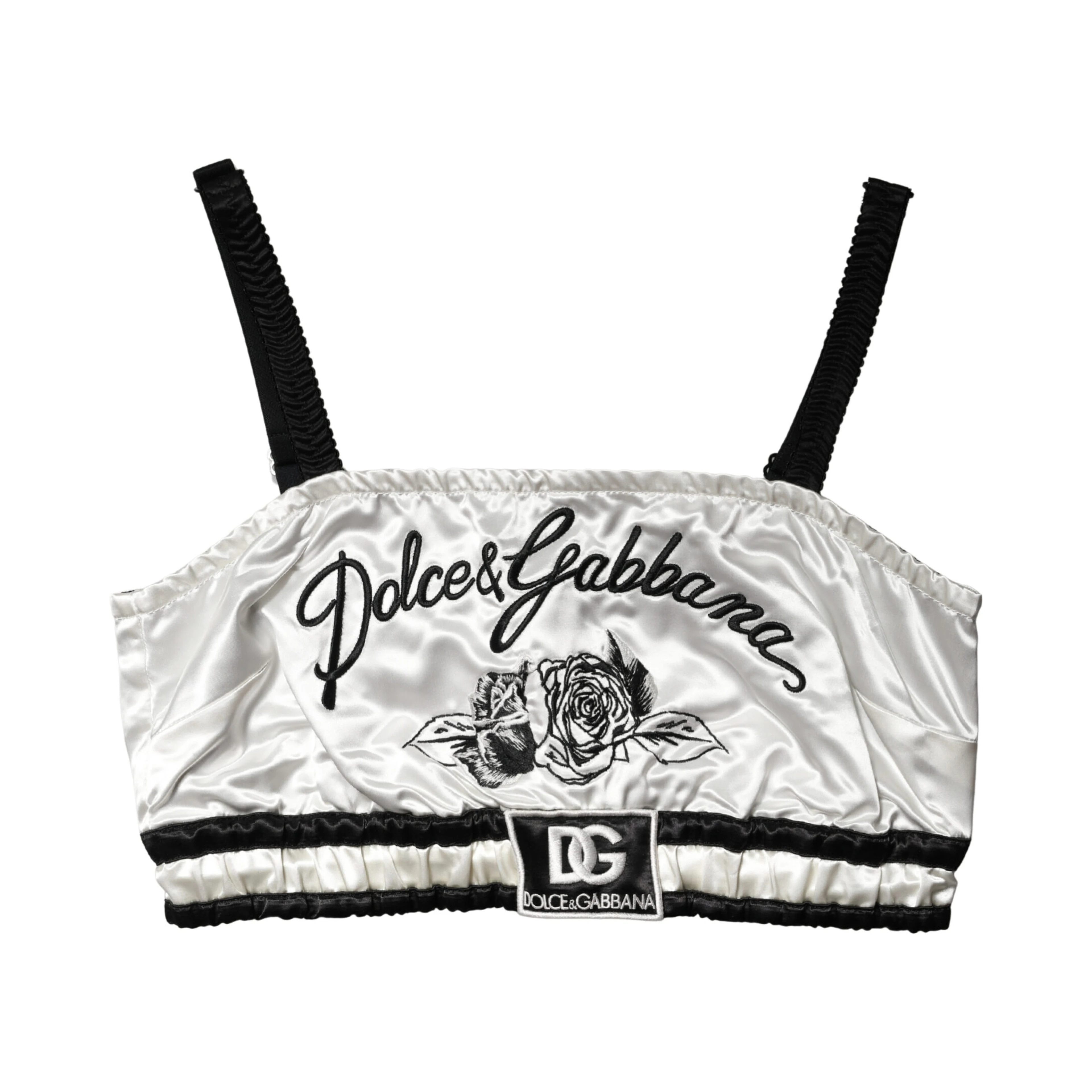 White Silk Satin Crop Black Logo Bralette Top