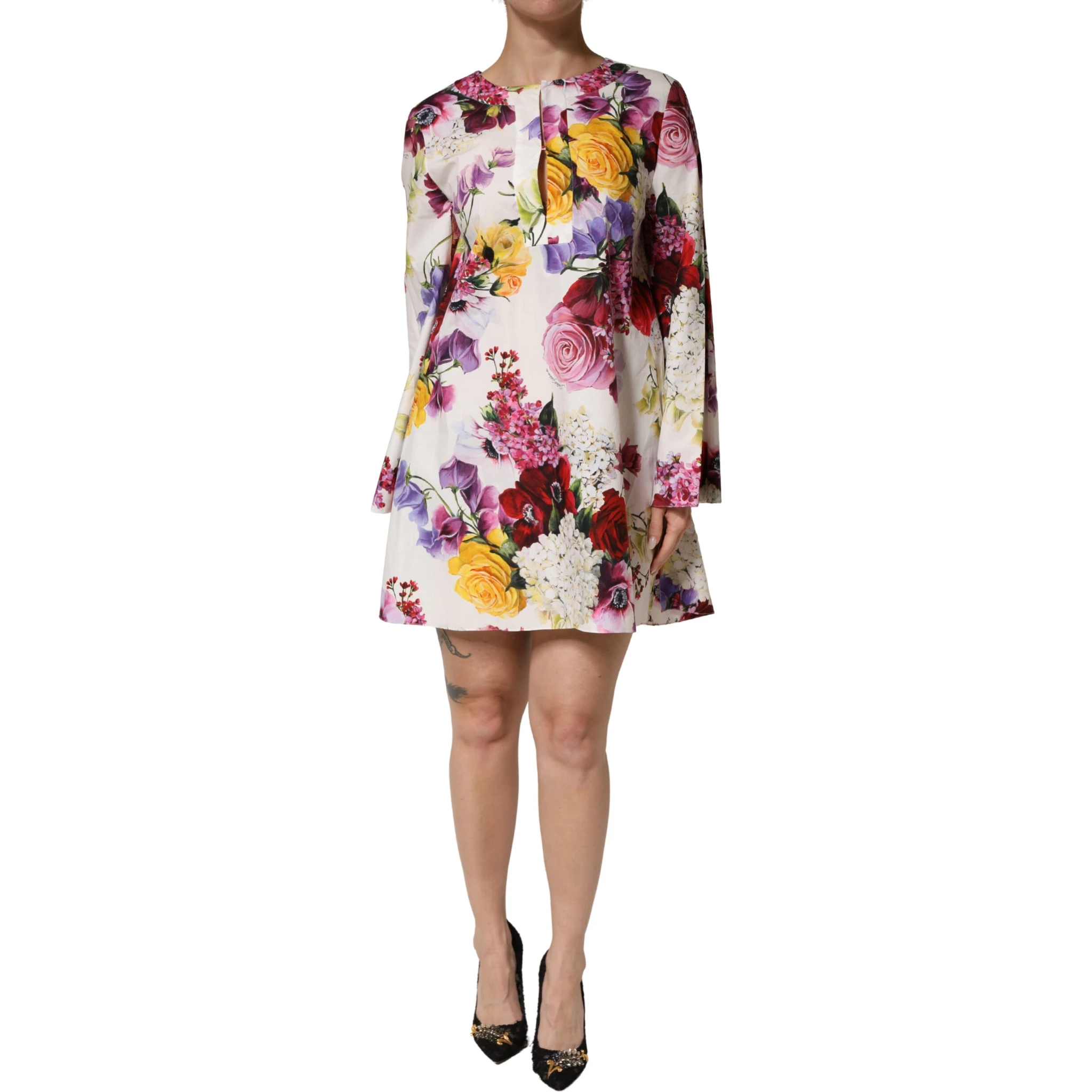 Multicolor Floral Cotton Longsleeves Midi Dress