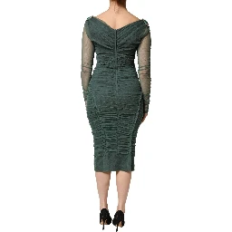 Green Ruched Mesh Sheer Sleeves Midi Dress