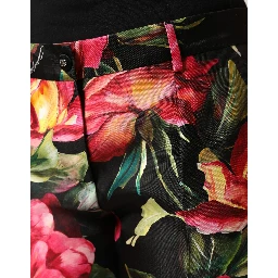 Black Floral Silk Mid Waist Tailored Trousers Pants