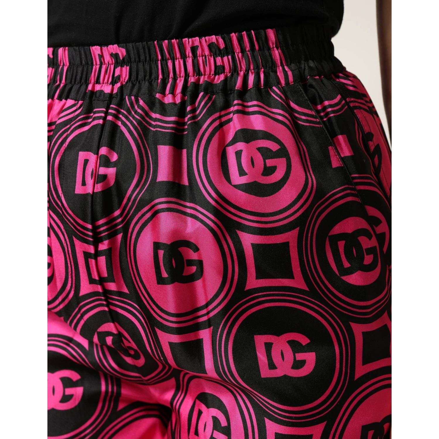 Black Fuchsia Silk Logo Elastic Waist Shorts
