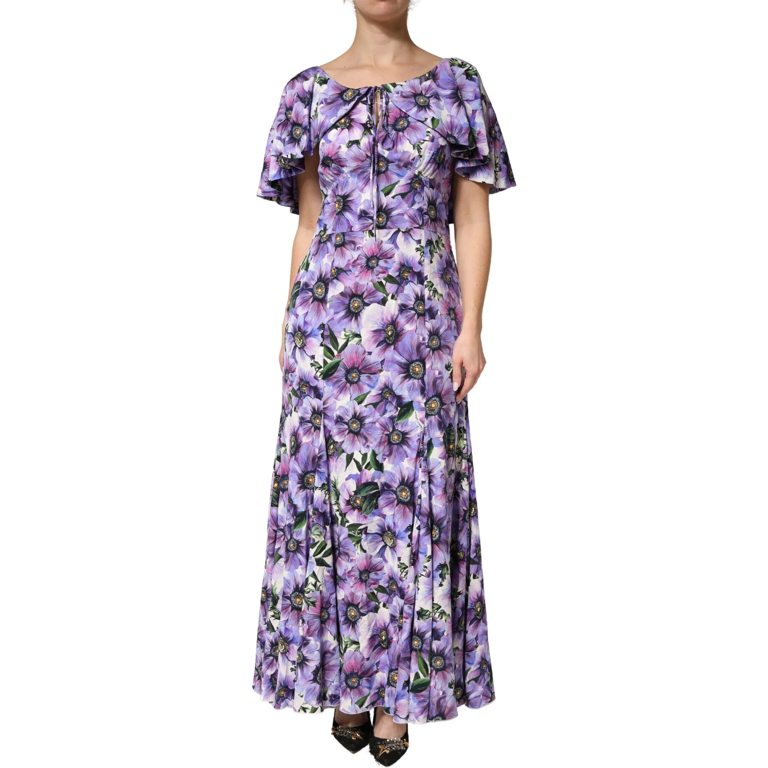 Purple Floral Silk Stretch Elegant Gown Dress