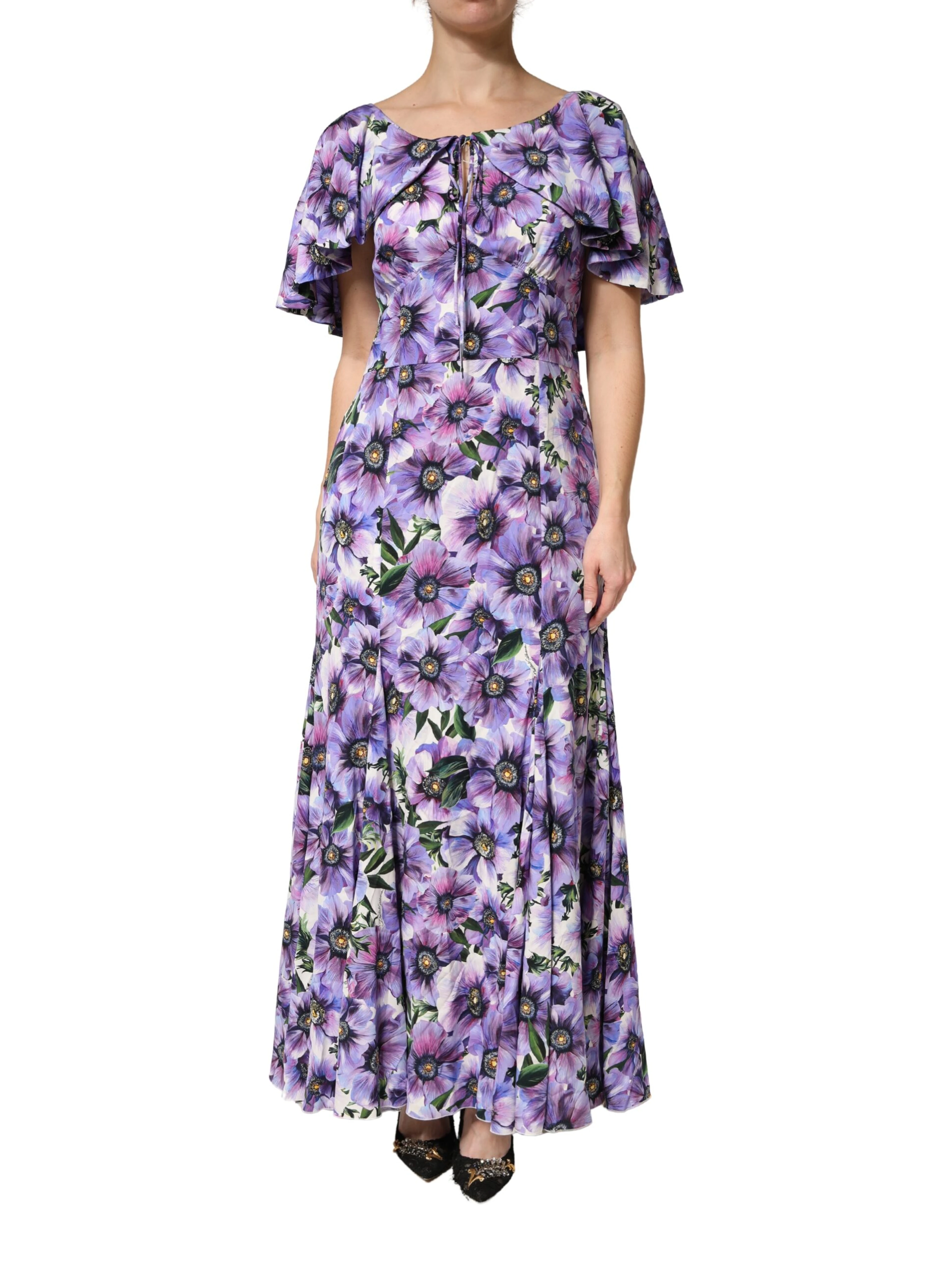 Purple Floral Silk Stretch Elegant Gown  Dress