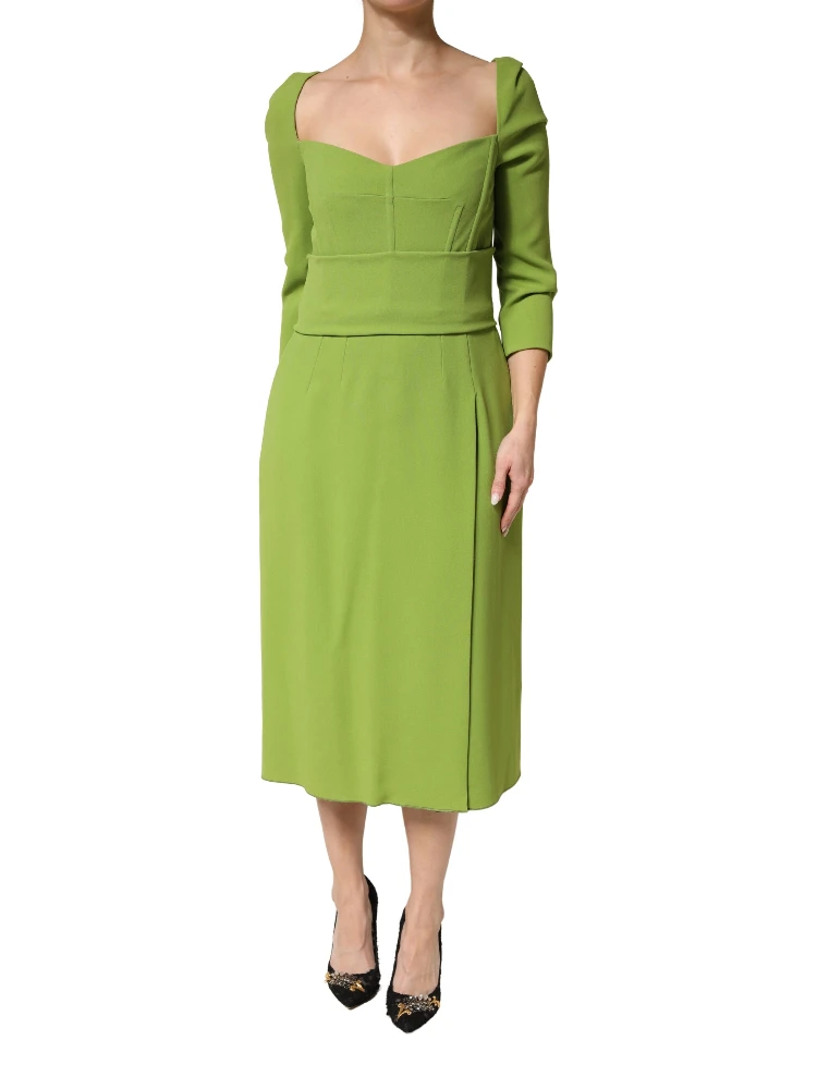 Green Silk Sweetheart Neckline Midi  Dress