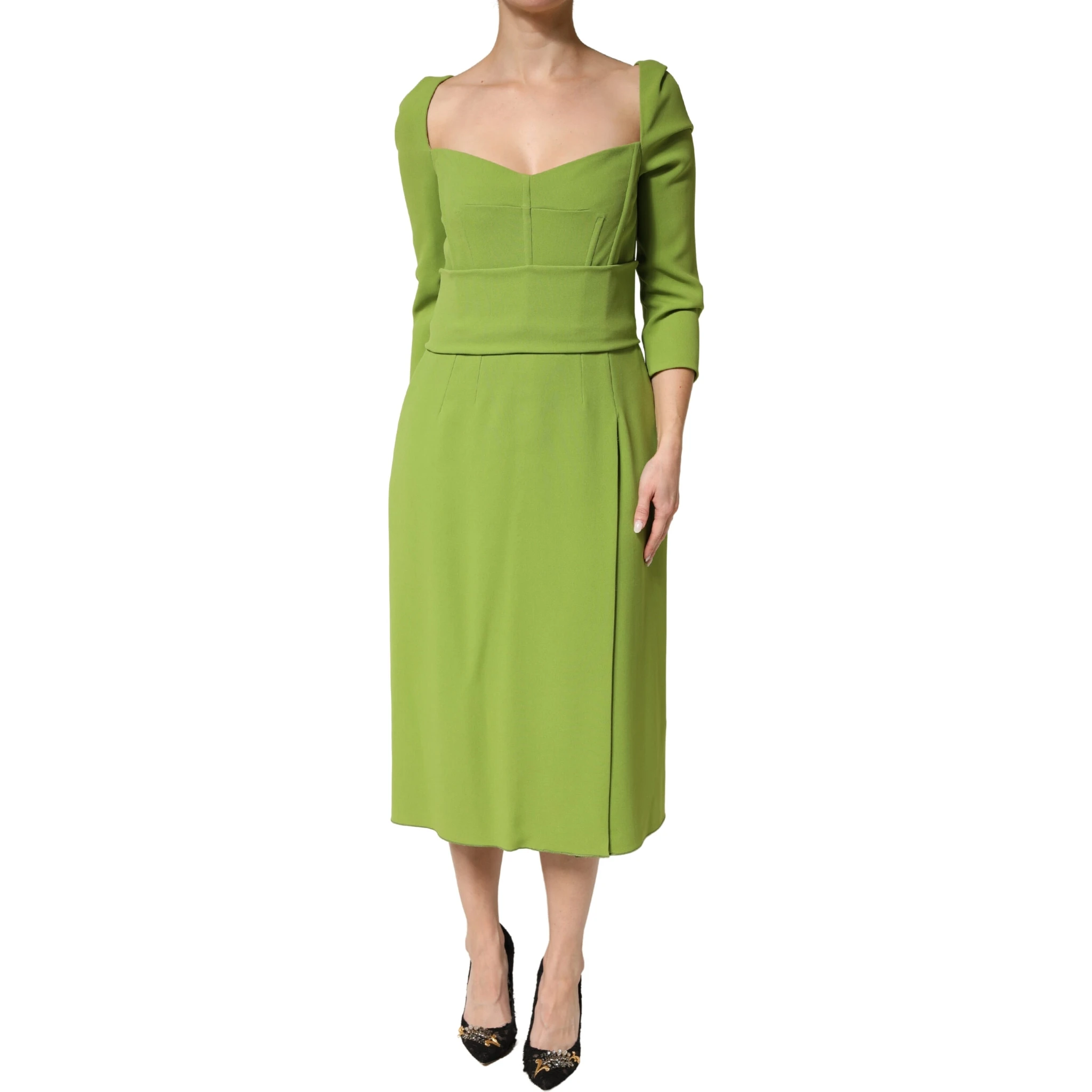 Green Silk Sweetheart Neckline Midi  Dress