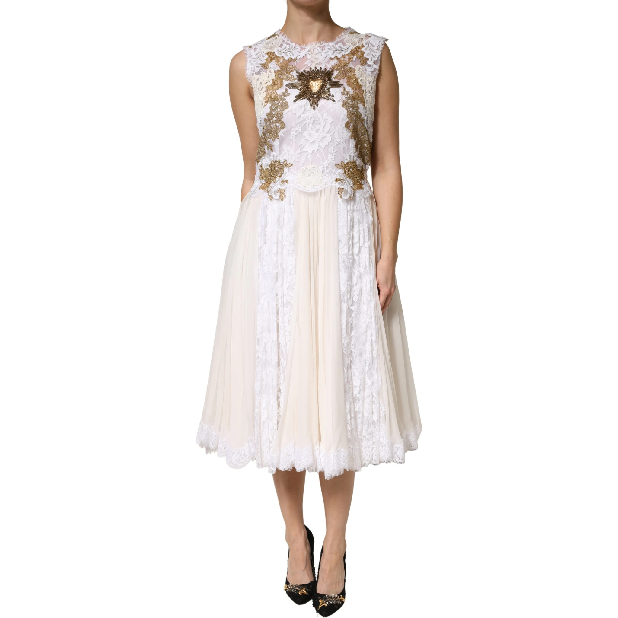 Ivory Lace Silk Embellished Sleeveless  Dress