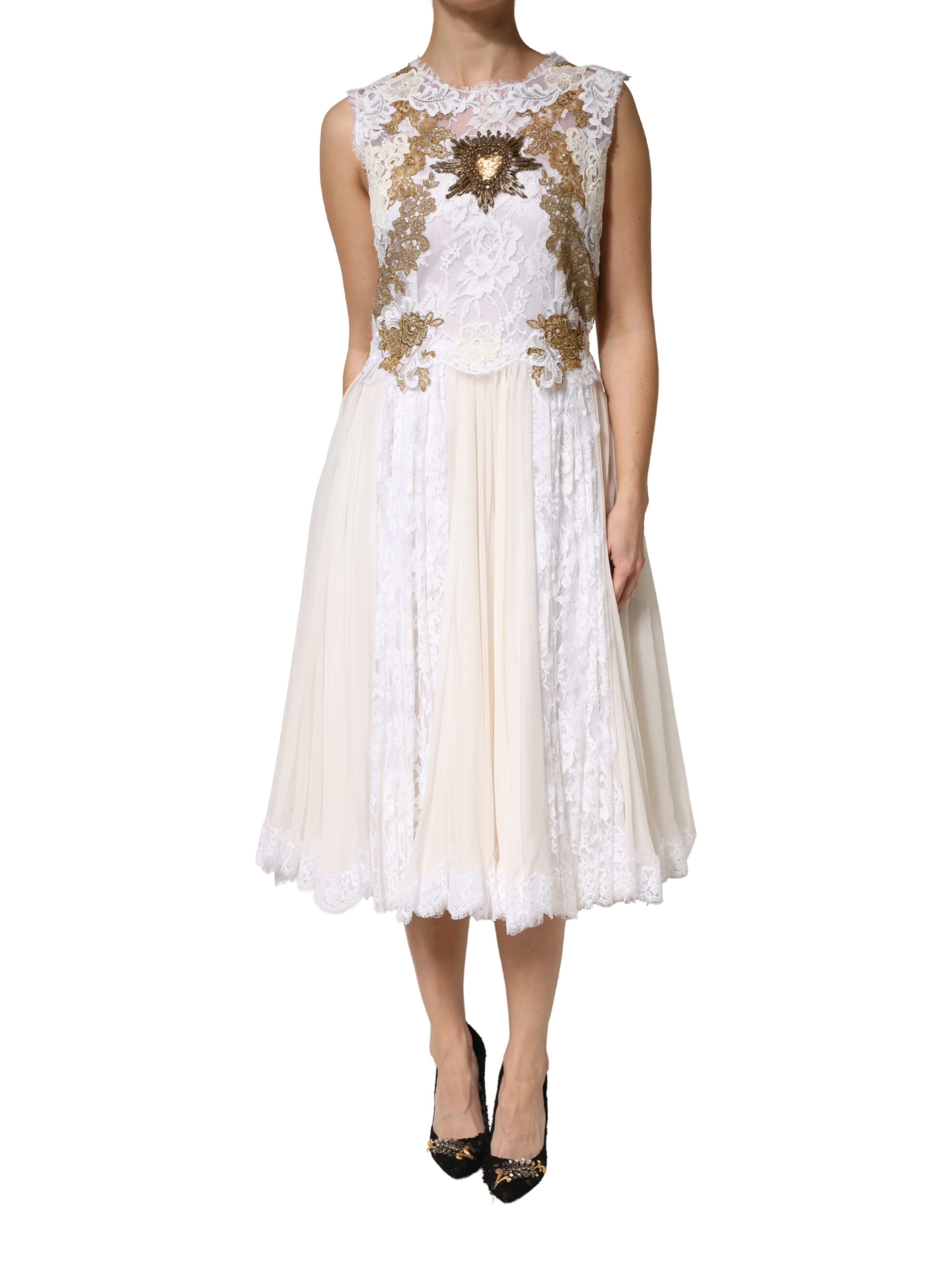 Ivory Lace Silk Embellished Sleeveless  Dress