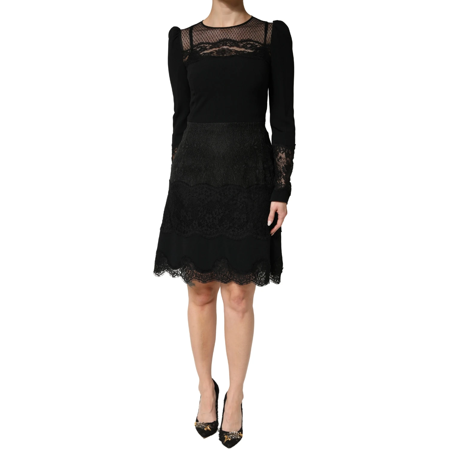 Black Lace Sheer Panel Midi Long Sleeve Dress