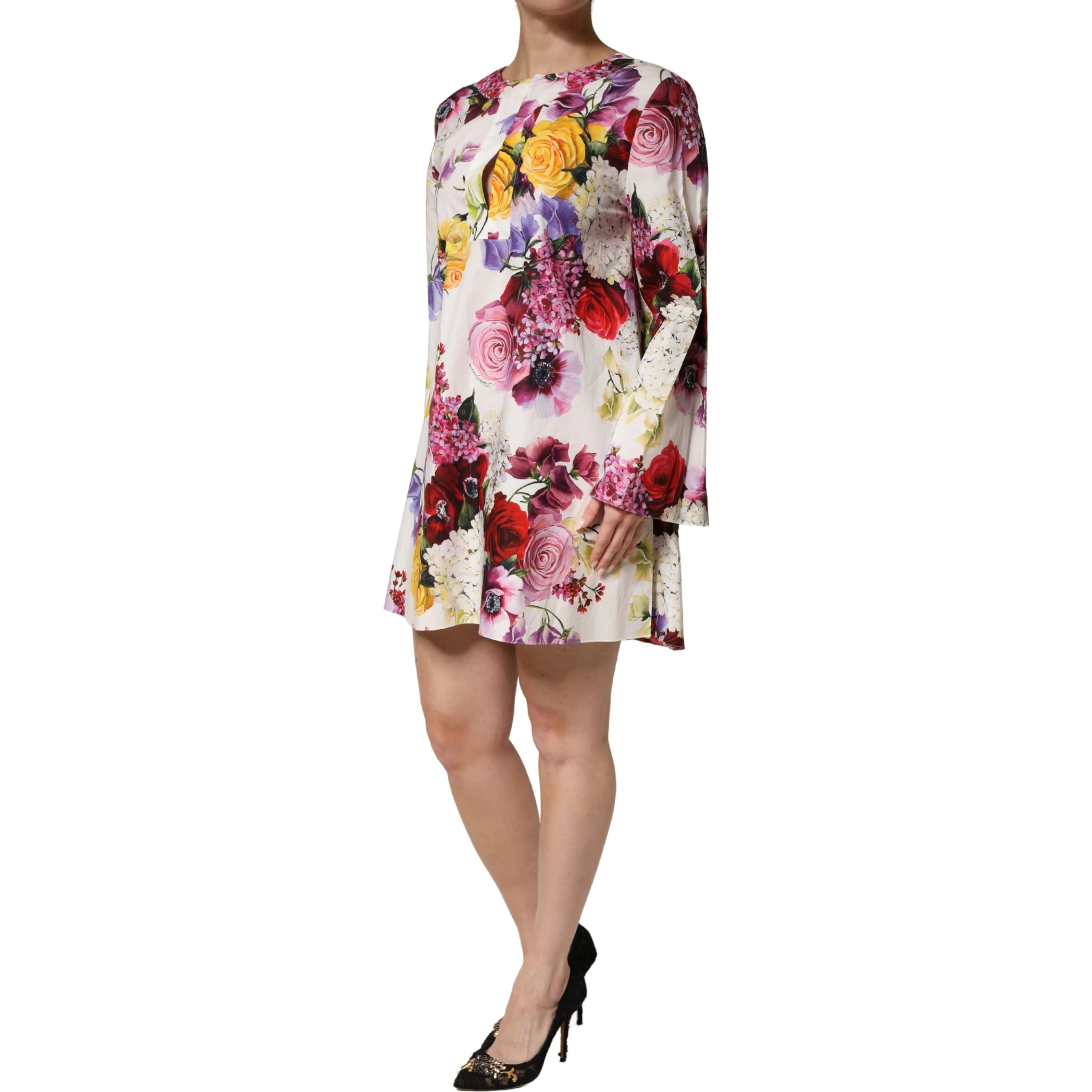 Multicolor Floral Cotton Longsleeves Midi Dress