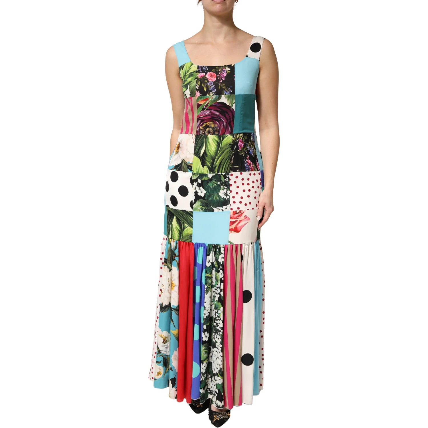 Multicolor Patchwork Silk Sleeveless Dress