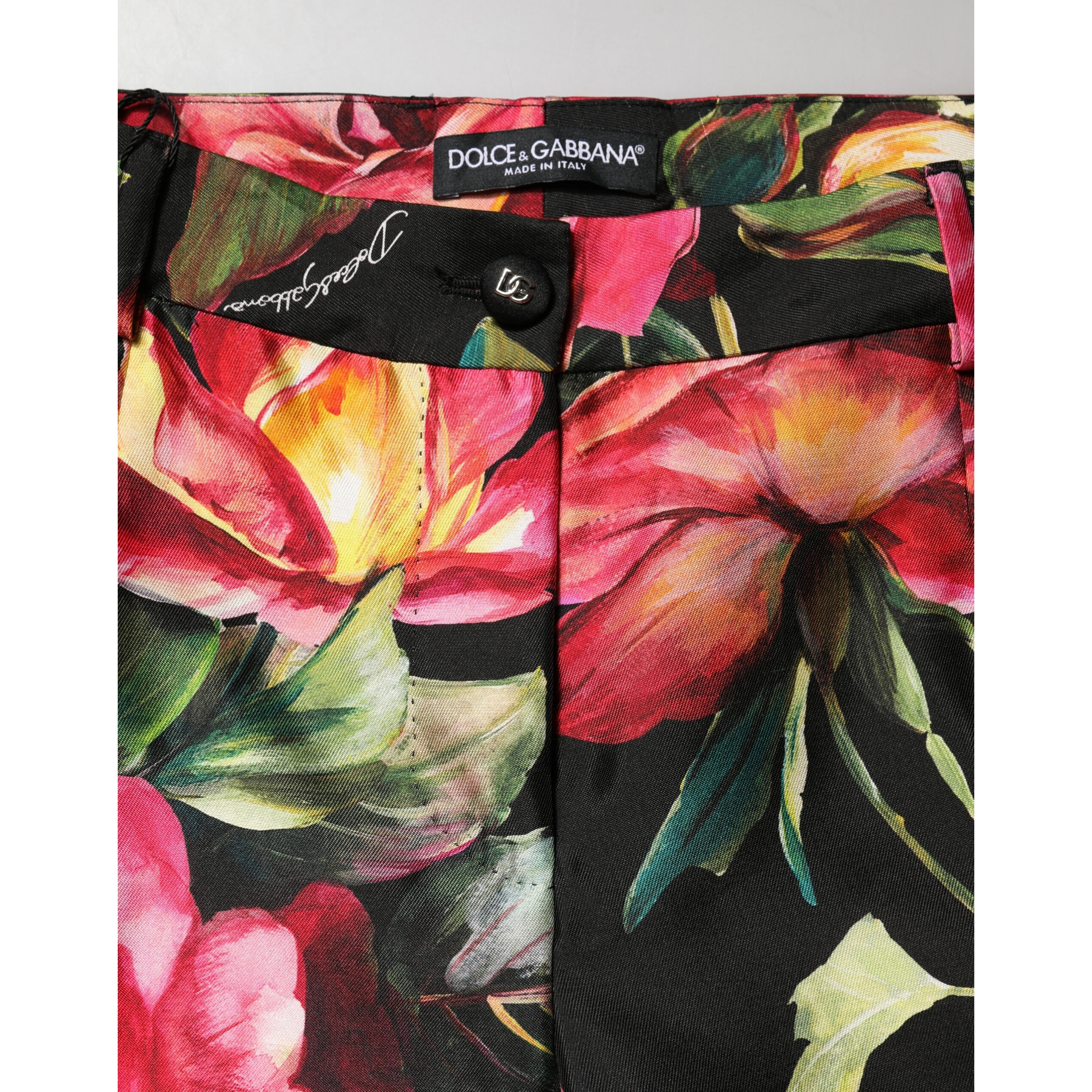 Black Floral Silk Mid Waist Tailored Trousers Pants
