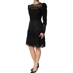 Black Lace Sheer Panel Midi Long Sleeve  Dress
