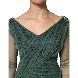 Green Ruched Mesh Sheer Sleeves Midi Dress