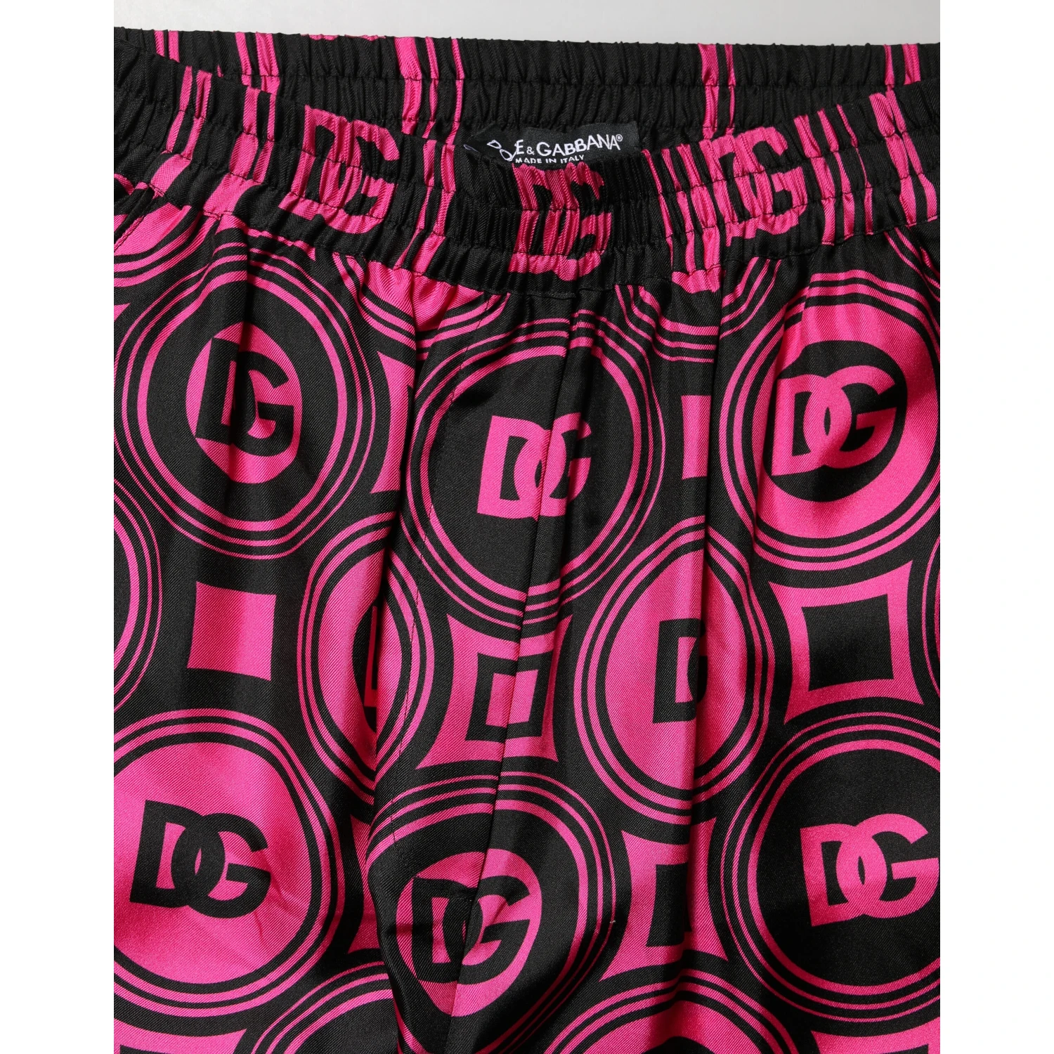 Black Fuchsia Silk Logo Elastic Waist Shorts