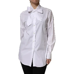 White Cotton Bow Tie Long Sleeves Blouse Top