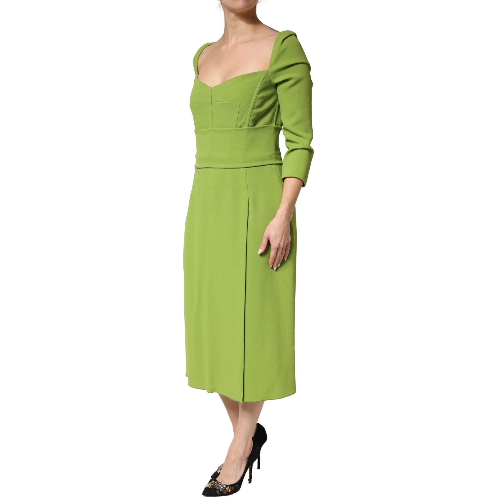 Green Silk Sweetheart Neckline Midi  Dress