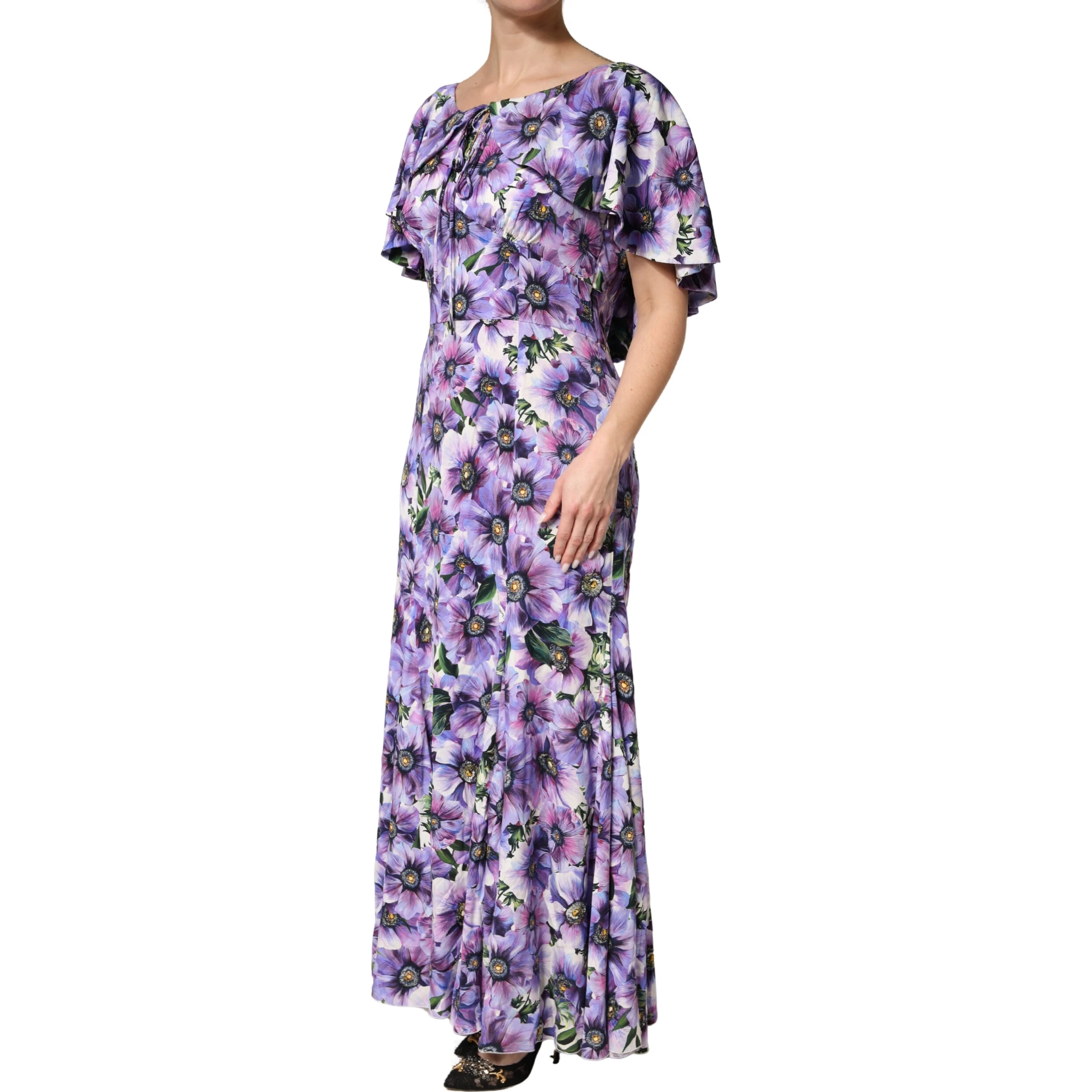 Purple Floral Silk Stretch Elegant Gown  Dress