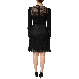 Black Lace Sheer Panel Midi Long Sleeve  Dress