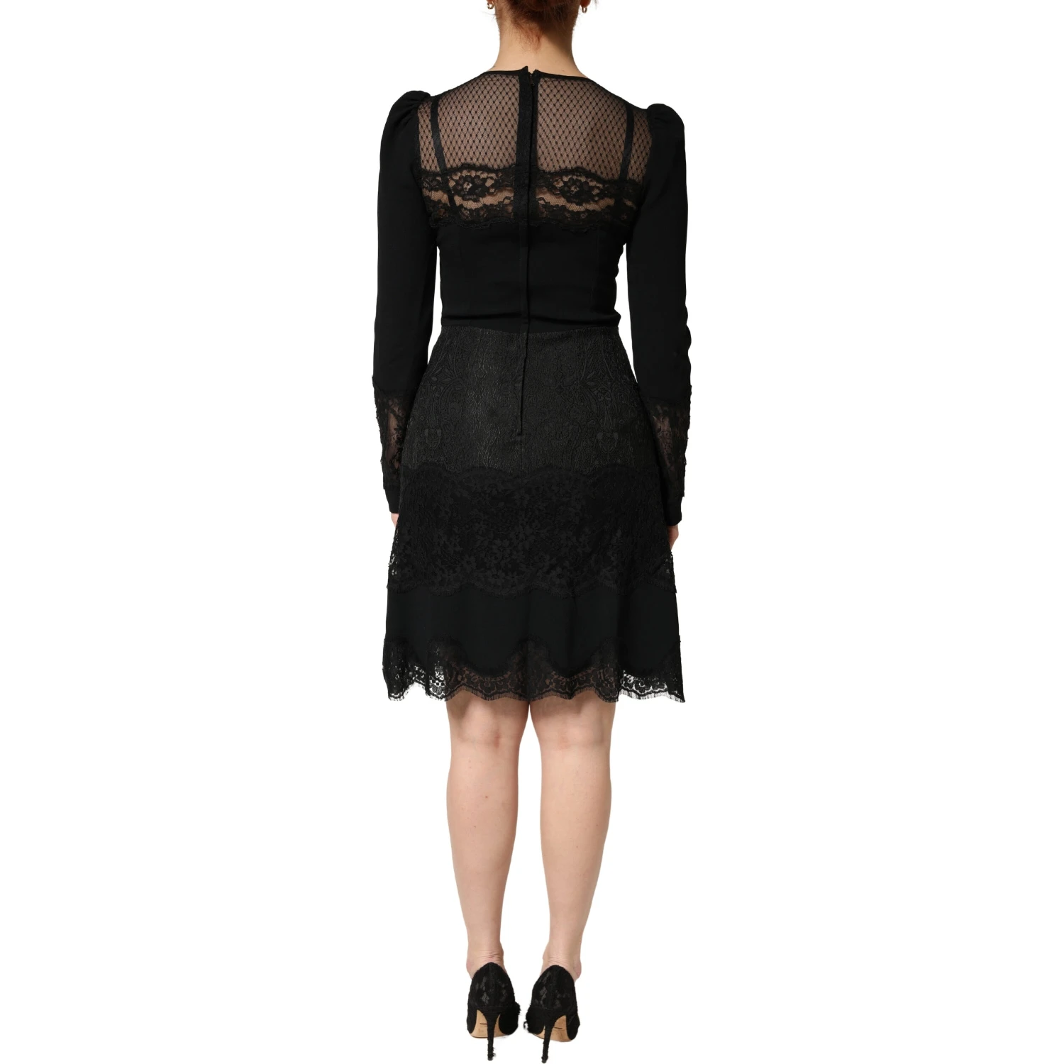 Black Lace Sheer Panel Midi Long Sleeve Dress