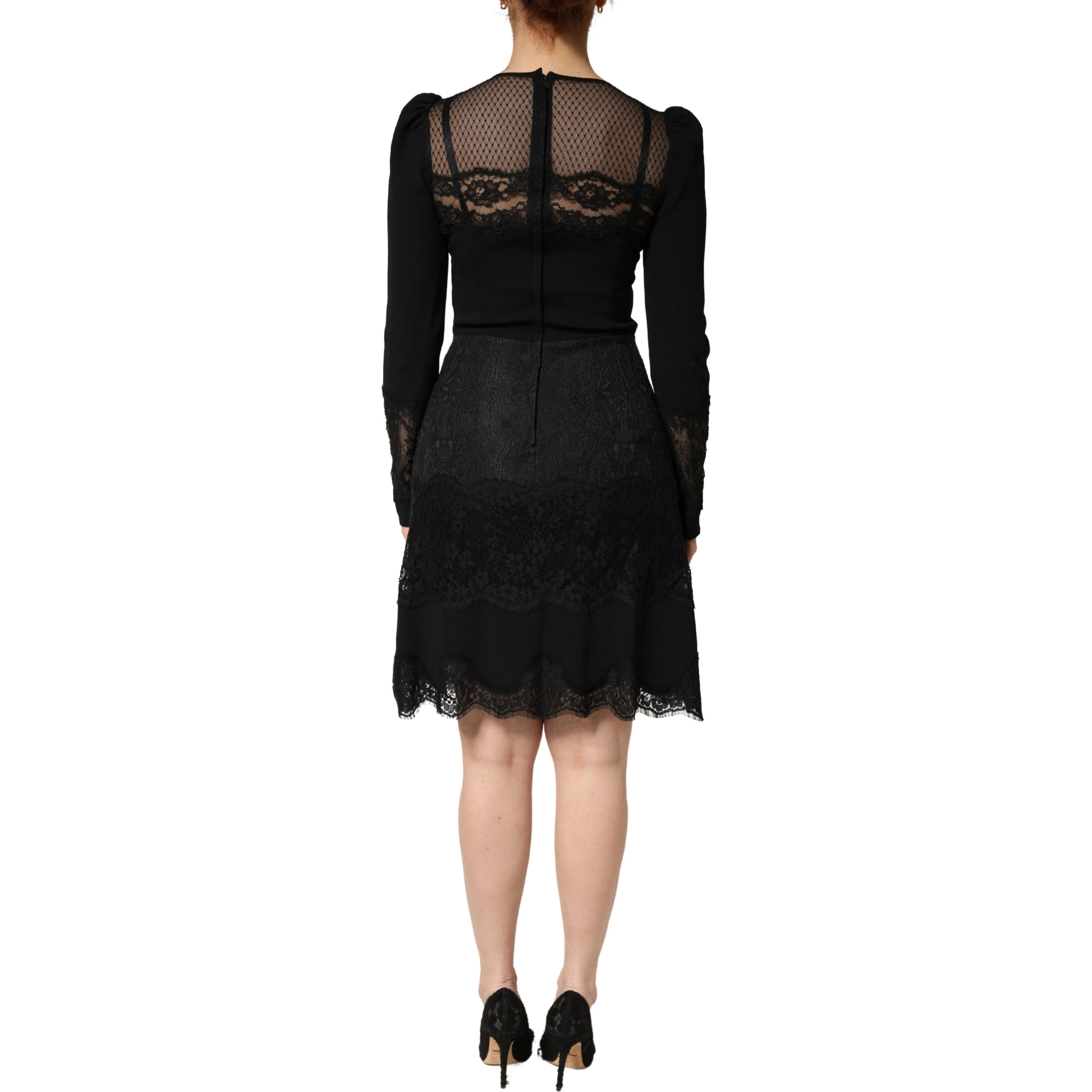 Black Lace Sheer Panel Midi Long Sleeve  Dress