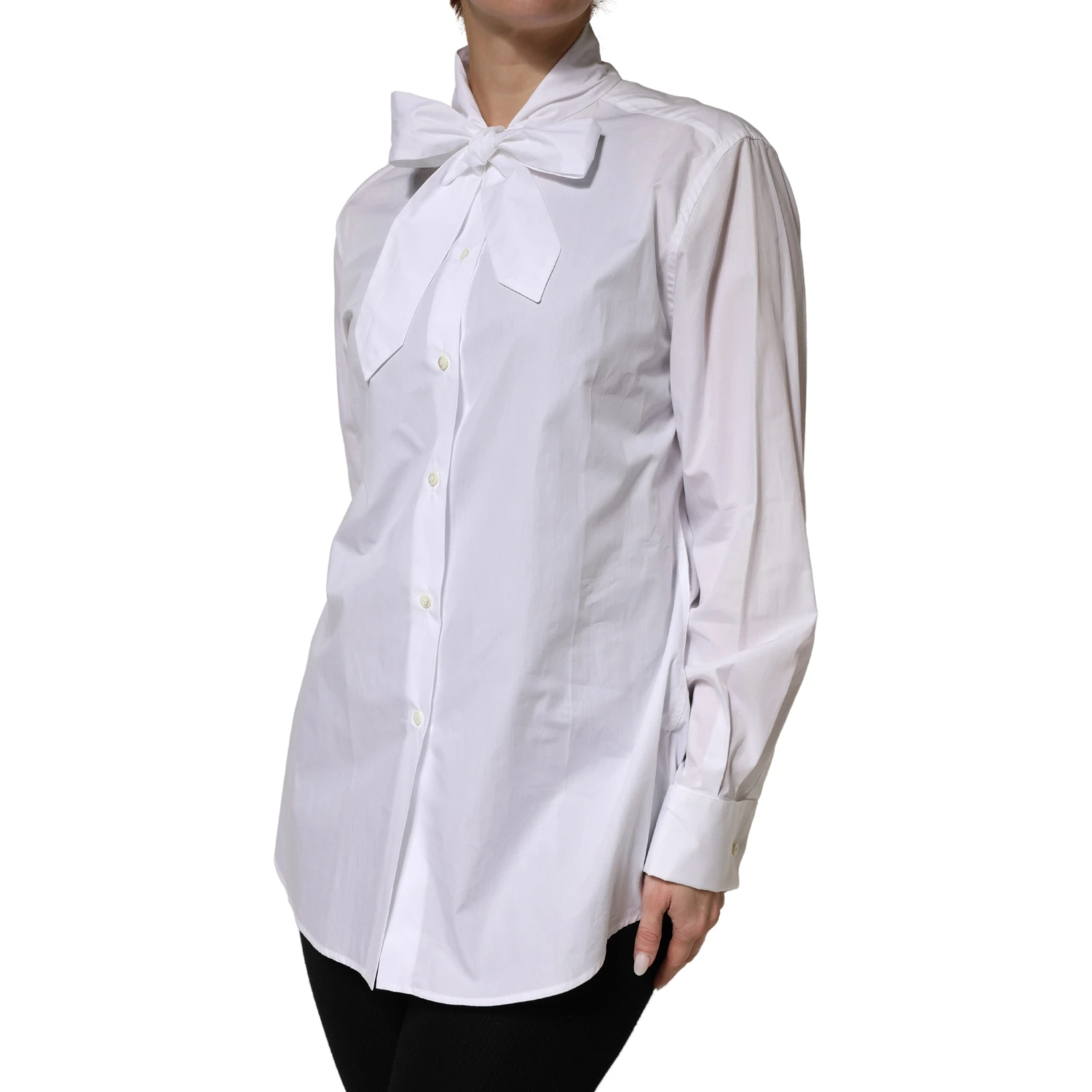White Cotton Bow Tie Long Sleeves Blouse Top