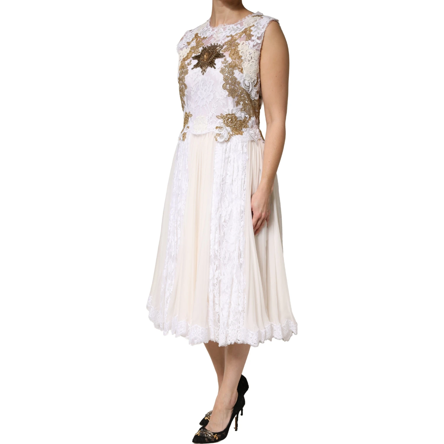 Ivory Lace Silk Embellished Sleeveless  Dress