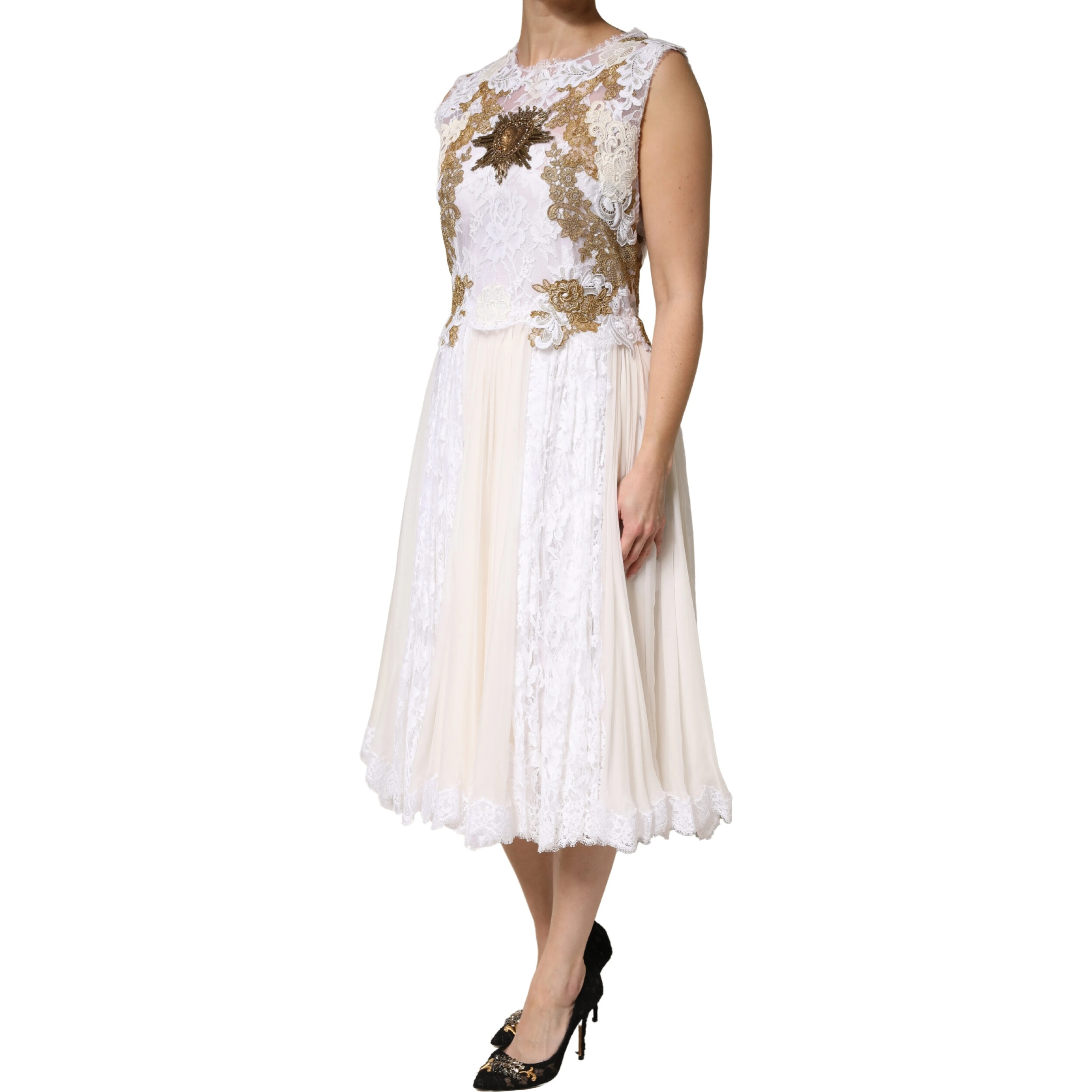 Ivory Lace Silk Embellished Sleeveless  Dress