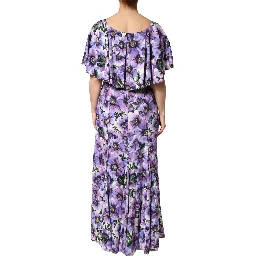 Purple Floral Silk Stretch Elegant Gown  Dress
