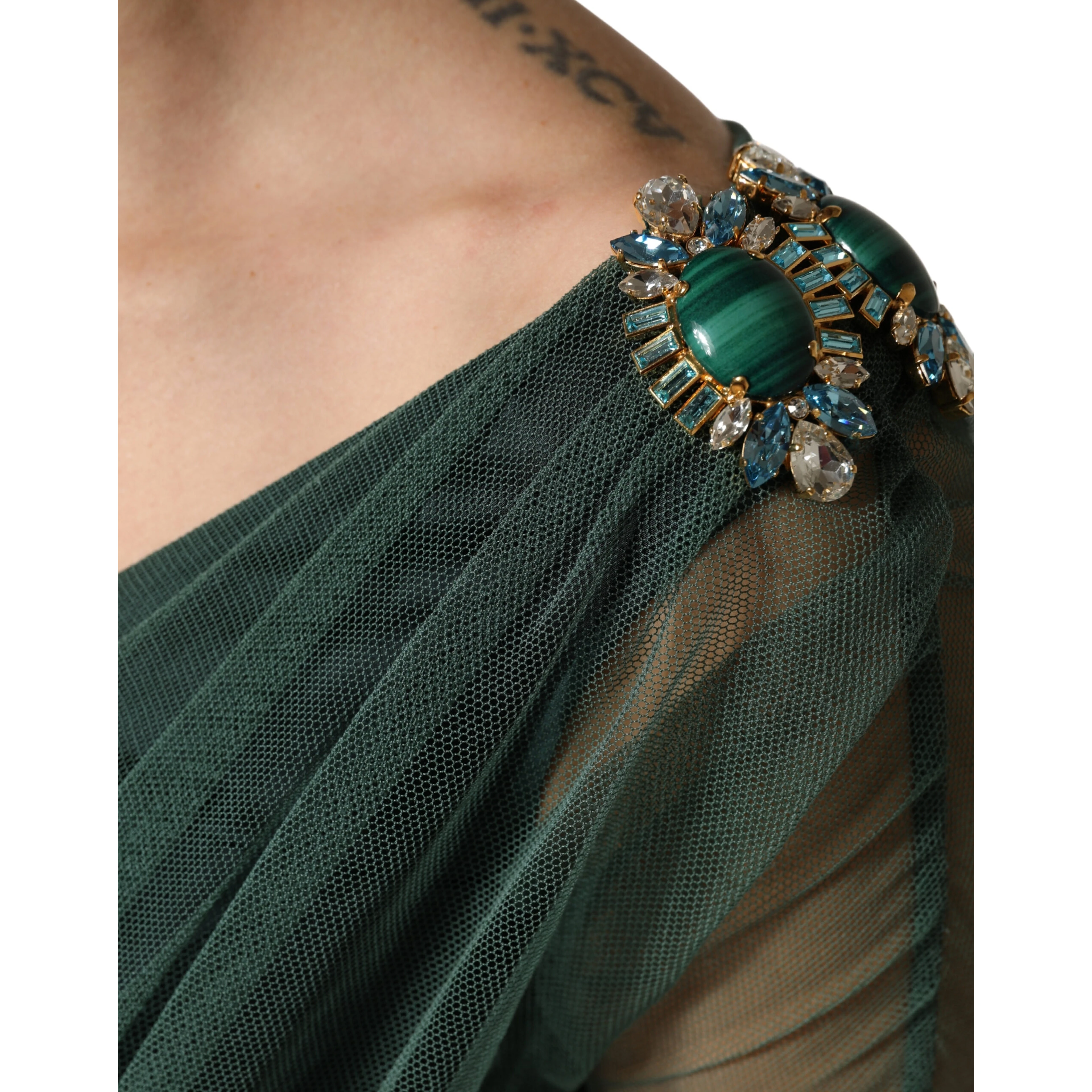 Green Ruched Mesh Sheer Sleeves Midi Dress